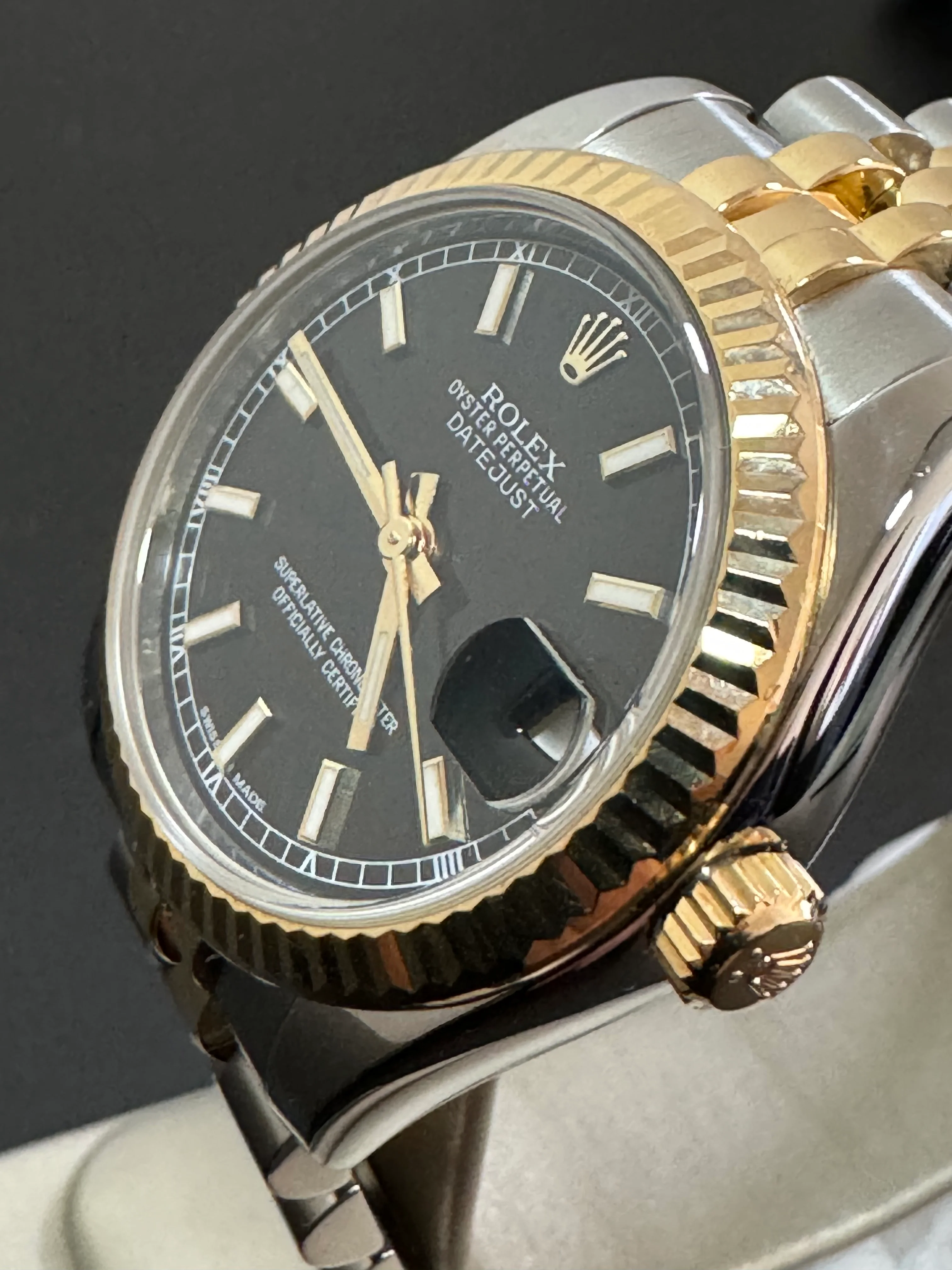 Rolex Steel and Yellow Gold Datejust 31 - 2016 - Fluted Bezel - Black Index Dial - Jubilee Bracelet - 178273 COMPLETE SET