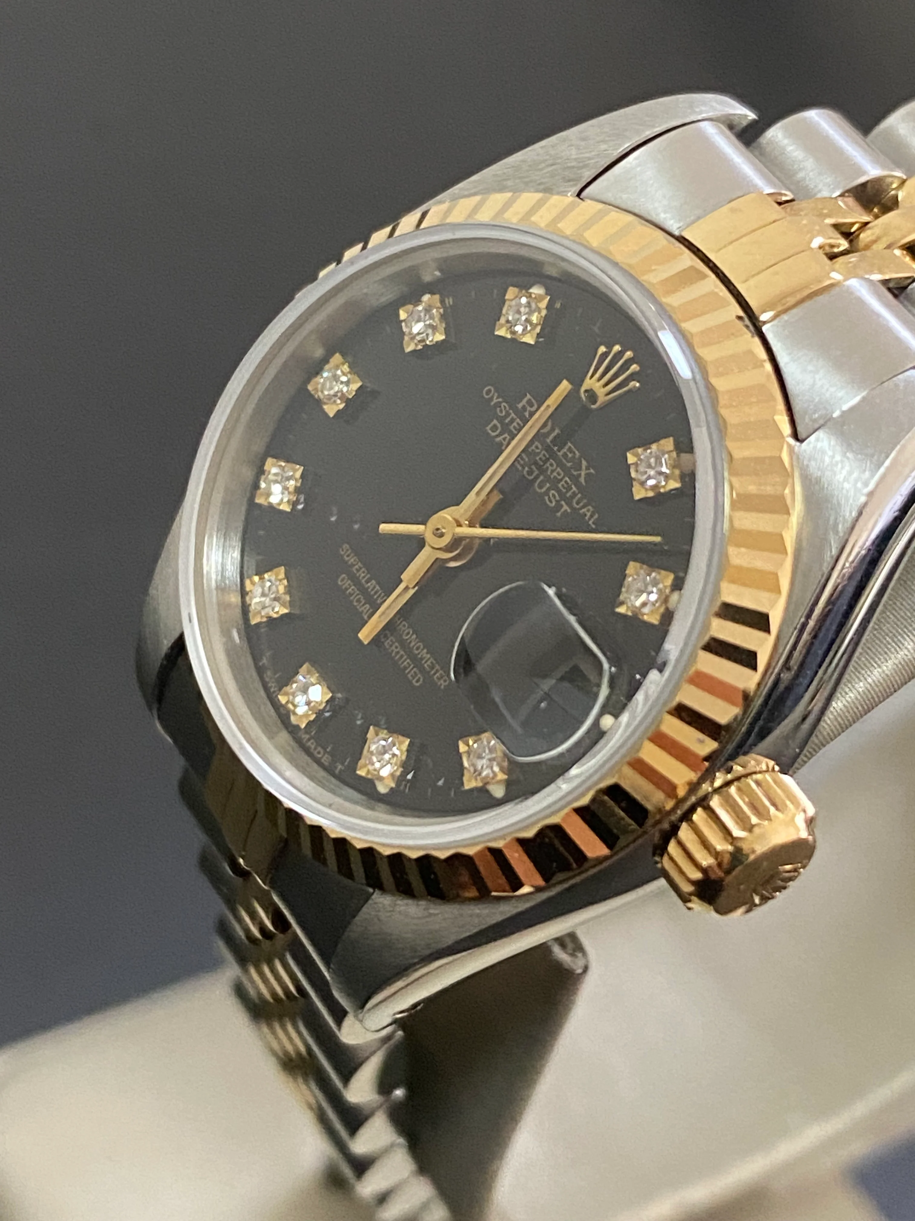 Rolex Steel and Yellow Gold Lady-Datejust - Fluted Bezel - Black Diamond Dial - Jubilee Bracelet - 69173
