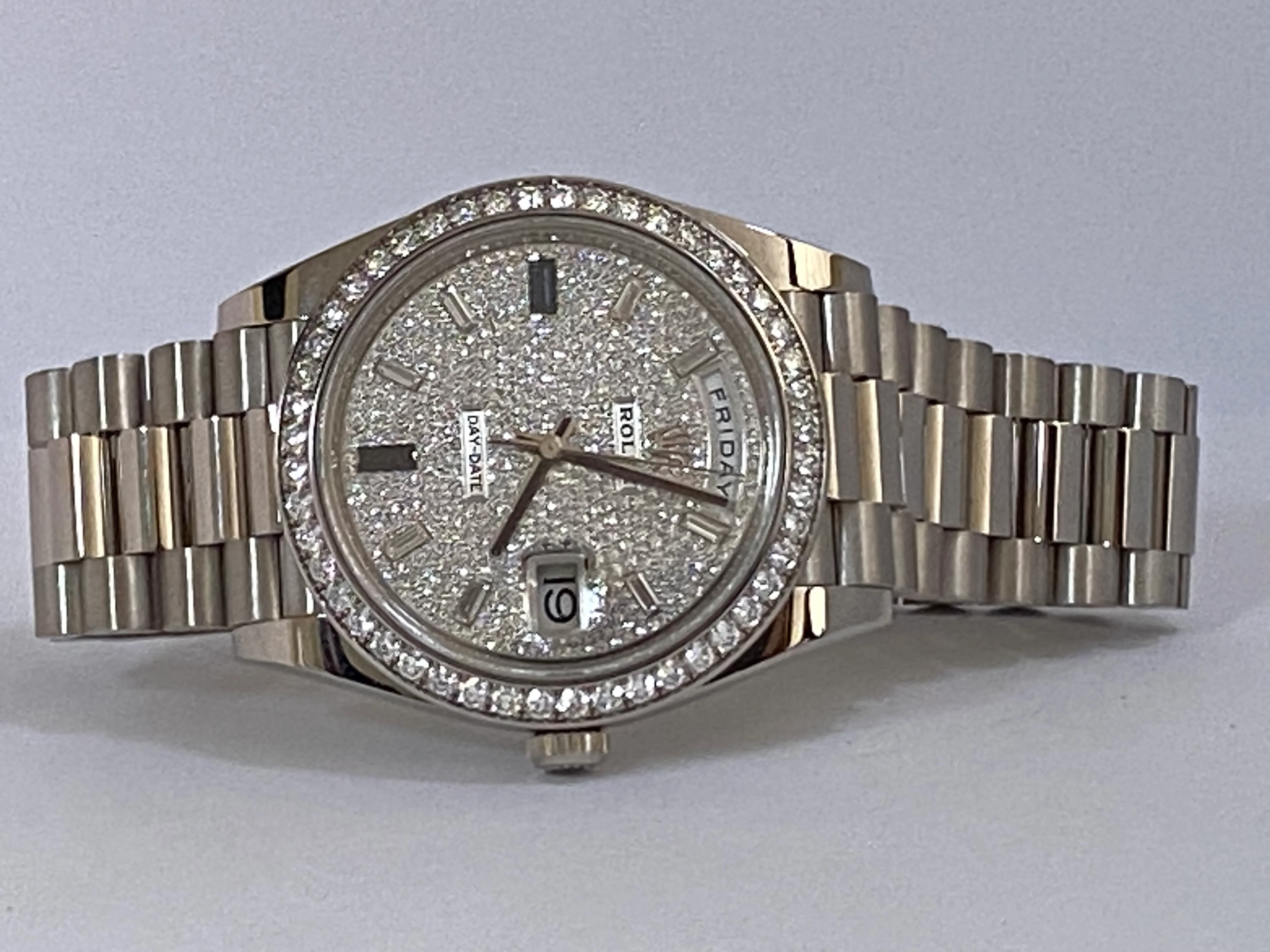 Rolex White Gold Day-Date 40 - 2023 - Diamond Bezel - Paved Diamond Baguette Dial - President Bracelet - 228349RBR *COMPLETE SET*