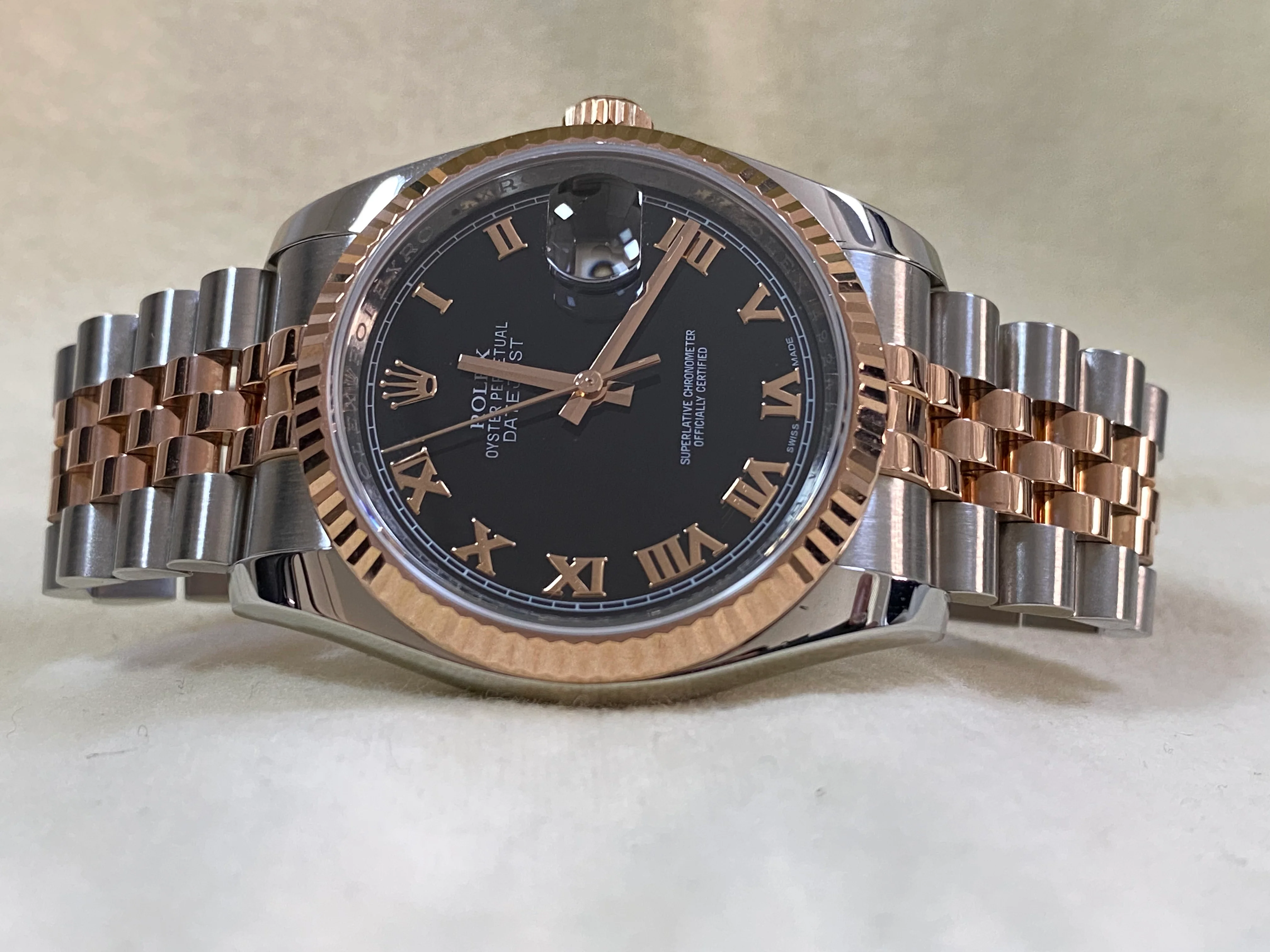 Rolex Steel and Everose Gold Datejust 36 - Fluted Bezel - Black Roman Dial - Jubilee Bracelet - 116231