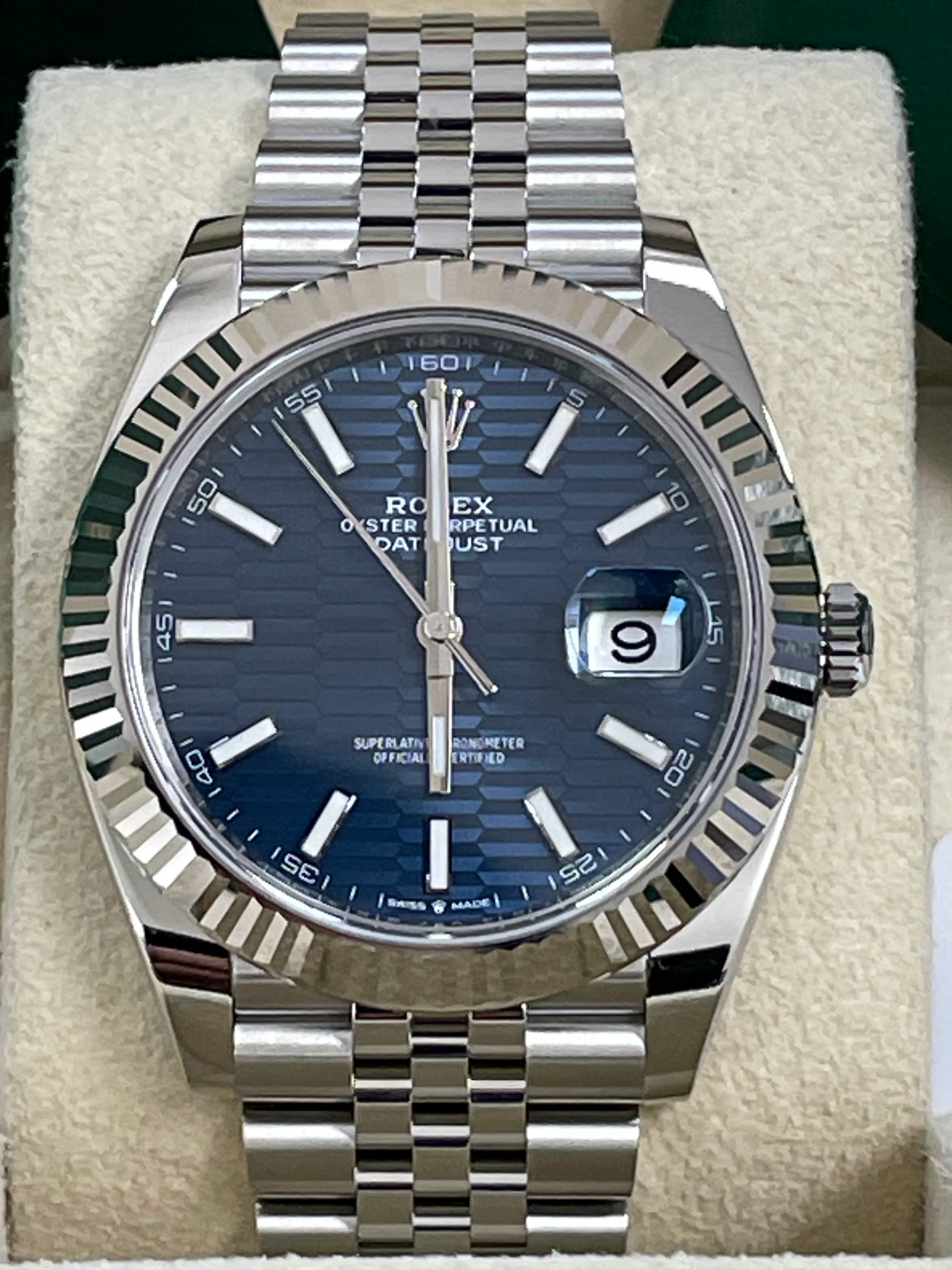 Rolex Steel and White Gold Datejust 41 - 2023 - Fluted Bezel - Bright Blue Motif Dial - Jubilee Bracelet - 126334