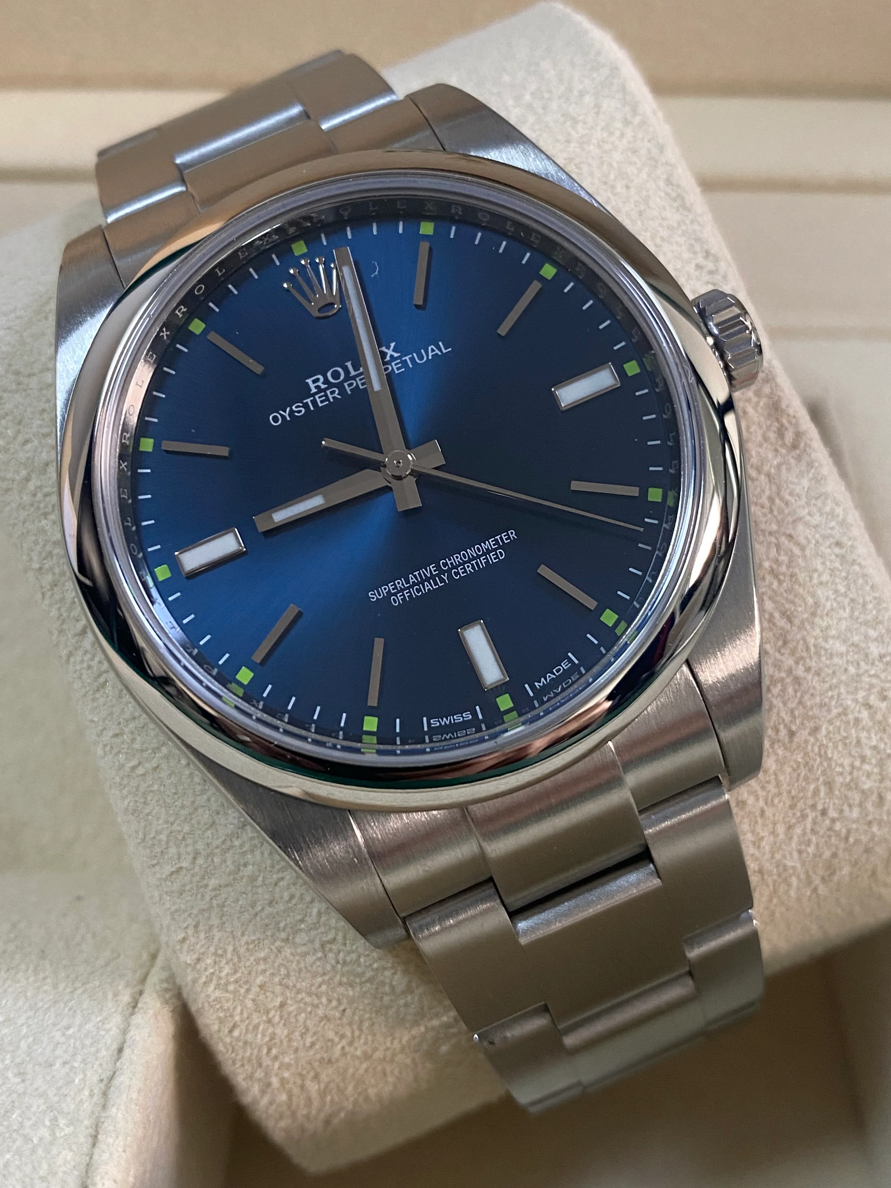 Rolex Steel Oyster Perpetual 39 - Domed Bezel - Blue Index Dial - 114300