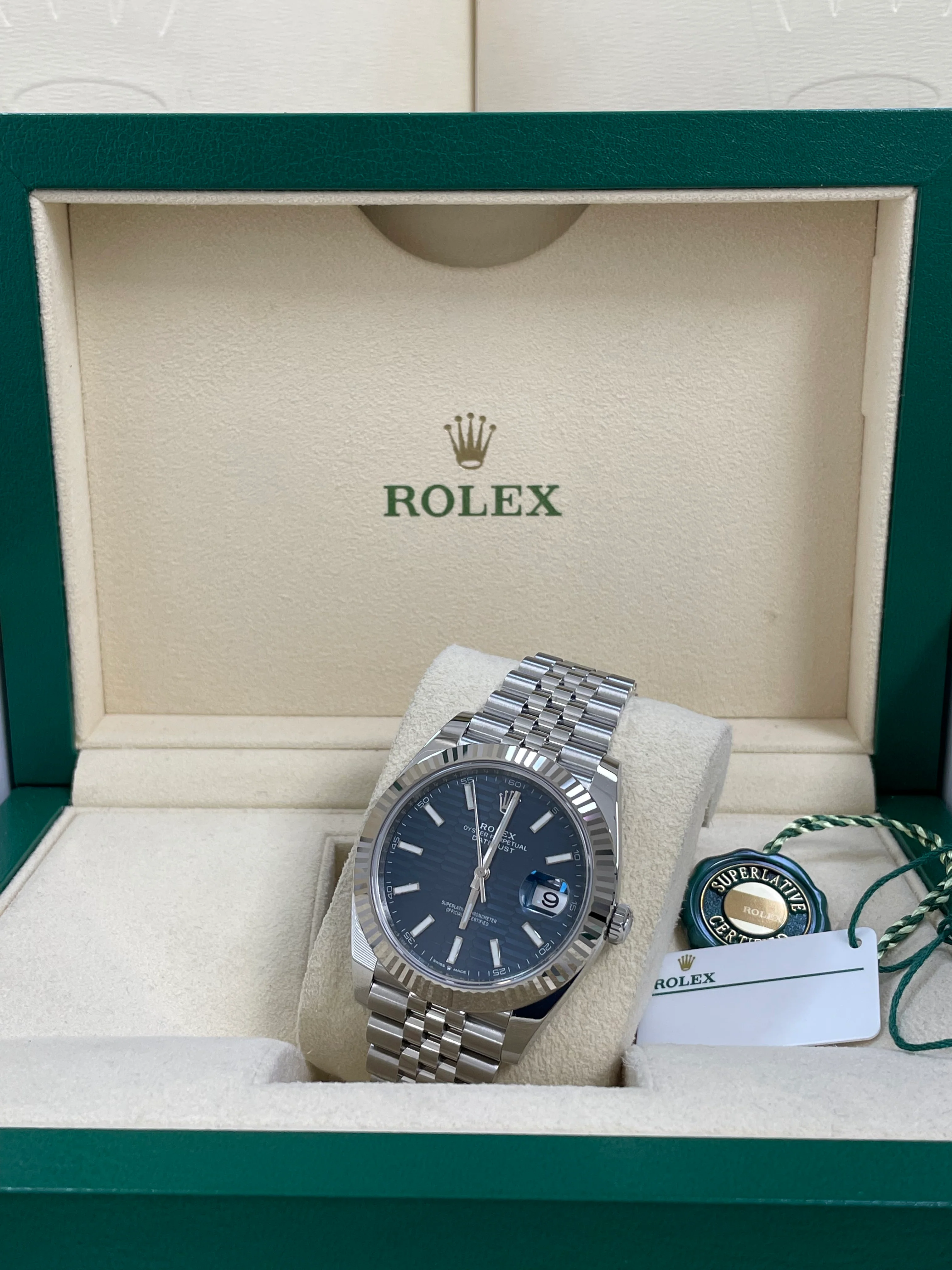 Rolex Steel and White Gold Datejust 41 - 2023 - Fluted Bezel - Bright Blue Motif Dial - Jubilee Bracelet - 126334