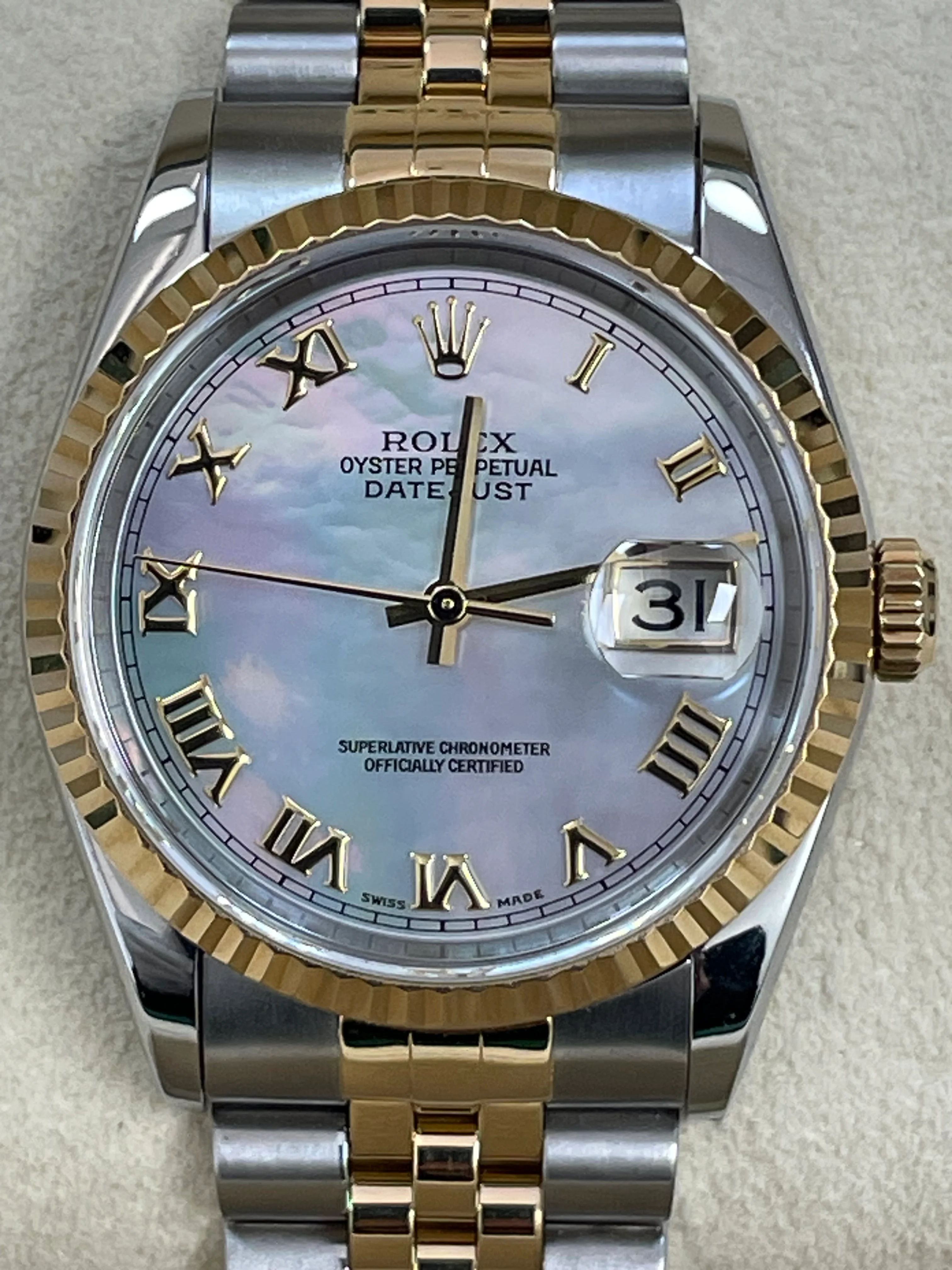 Rolex Steel and Yellow Gold Datejust 36 - U Serial - Fluted Bezel - Mother of Pearl Roman Dial - Jubilee Bracelet - 16233