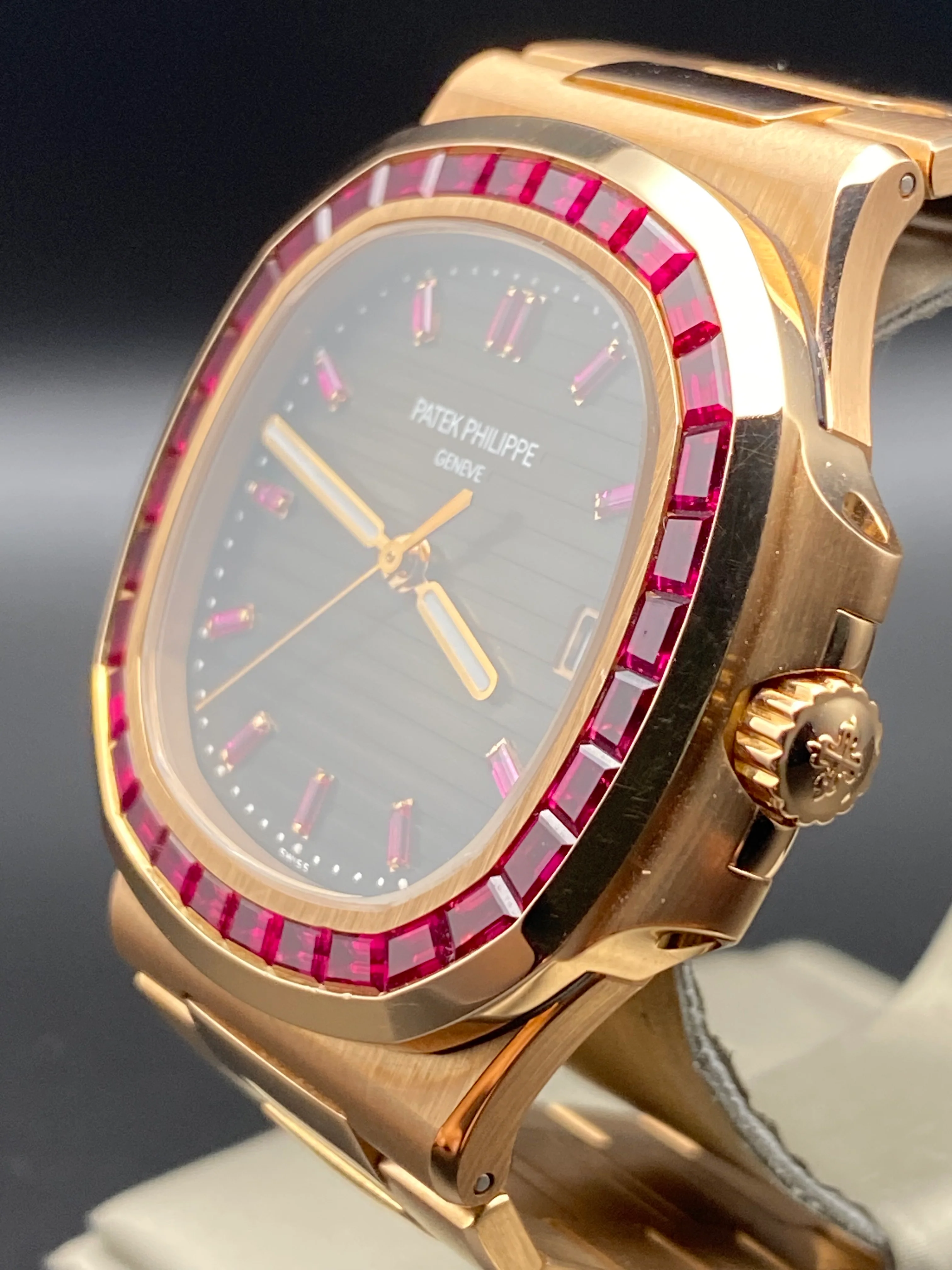 Patek Philippe Rose Gold Nautilus - 2015 - Ruby Baguette Bezel - Brown Baguette Dial - 5723/112R-001