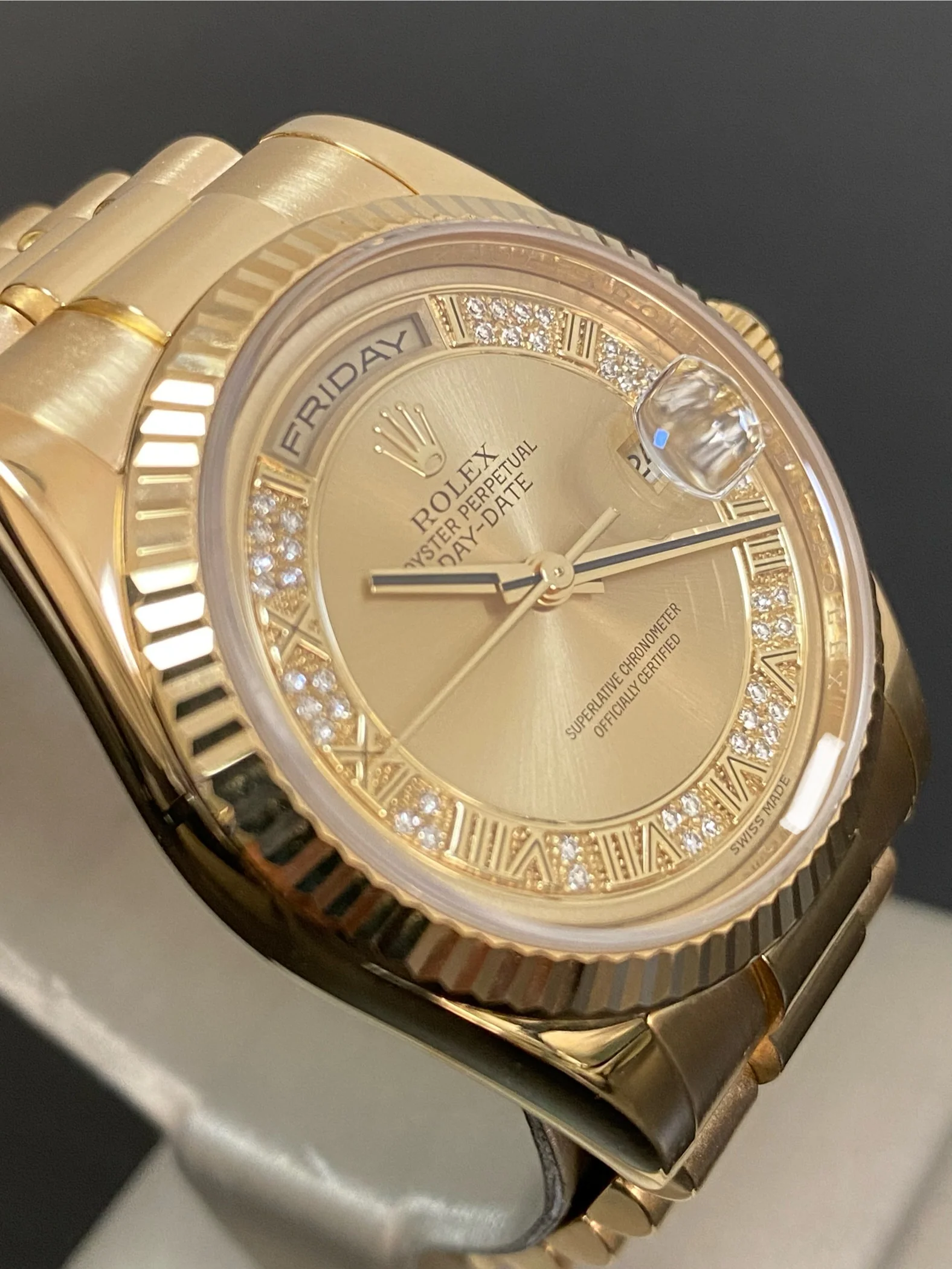 Rolex Yellow Gold Day-Date 36 - G serial - Fluted Bezel - Factory Myriad Diamond Dial - President Bracelet - 118238 *FULL SET*