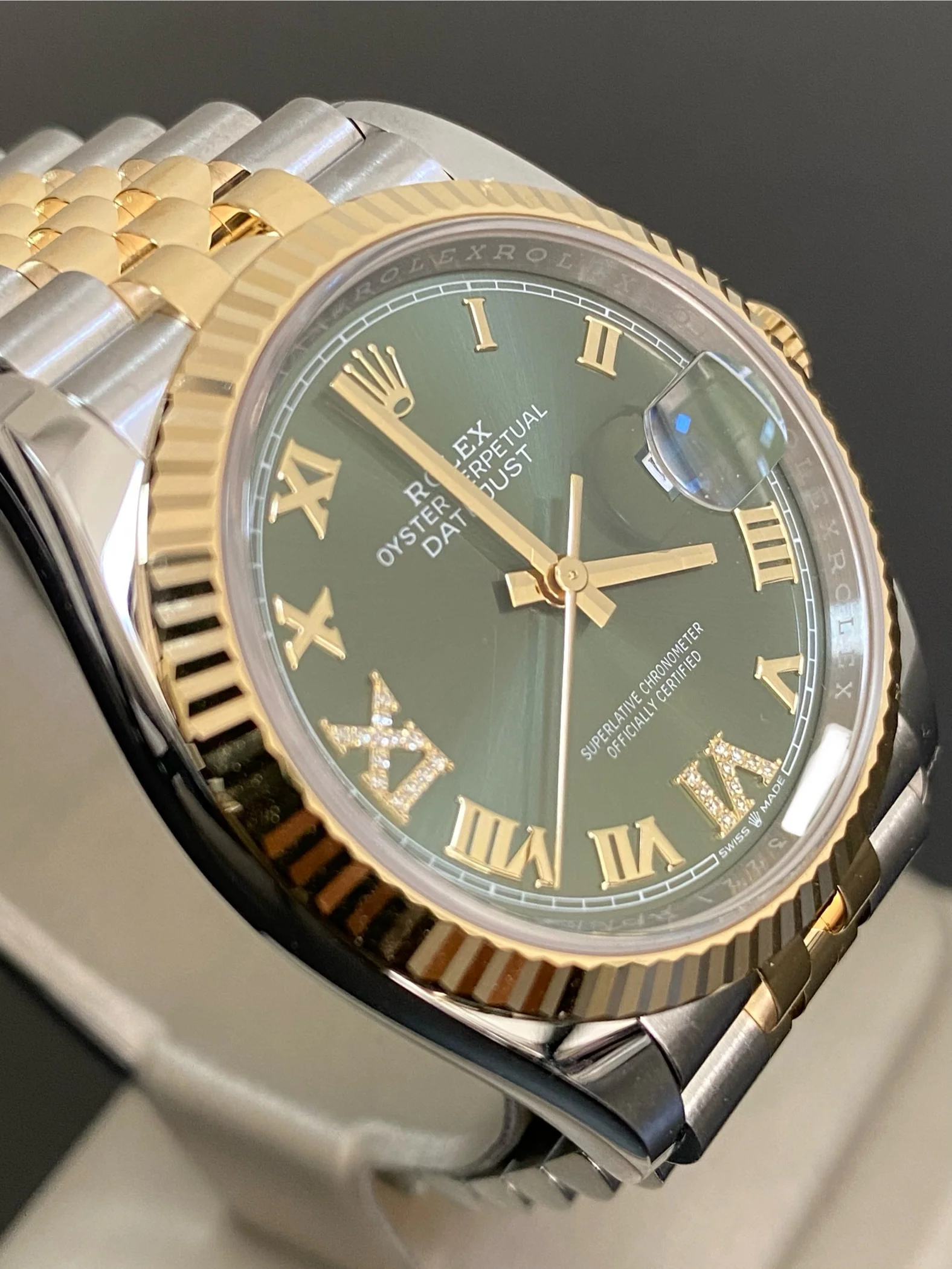 Rolex Steel and Yellow Gold Datejust 36 - 2024 - Fluted Bezel - Olive Green Diamond-Set Dial - Jubilee Bracelet - 126233 *FULL SET*