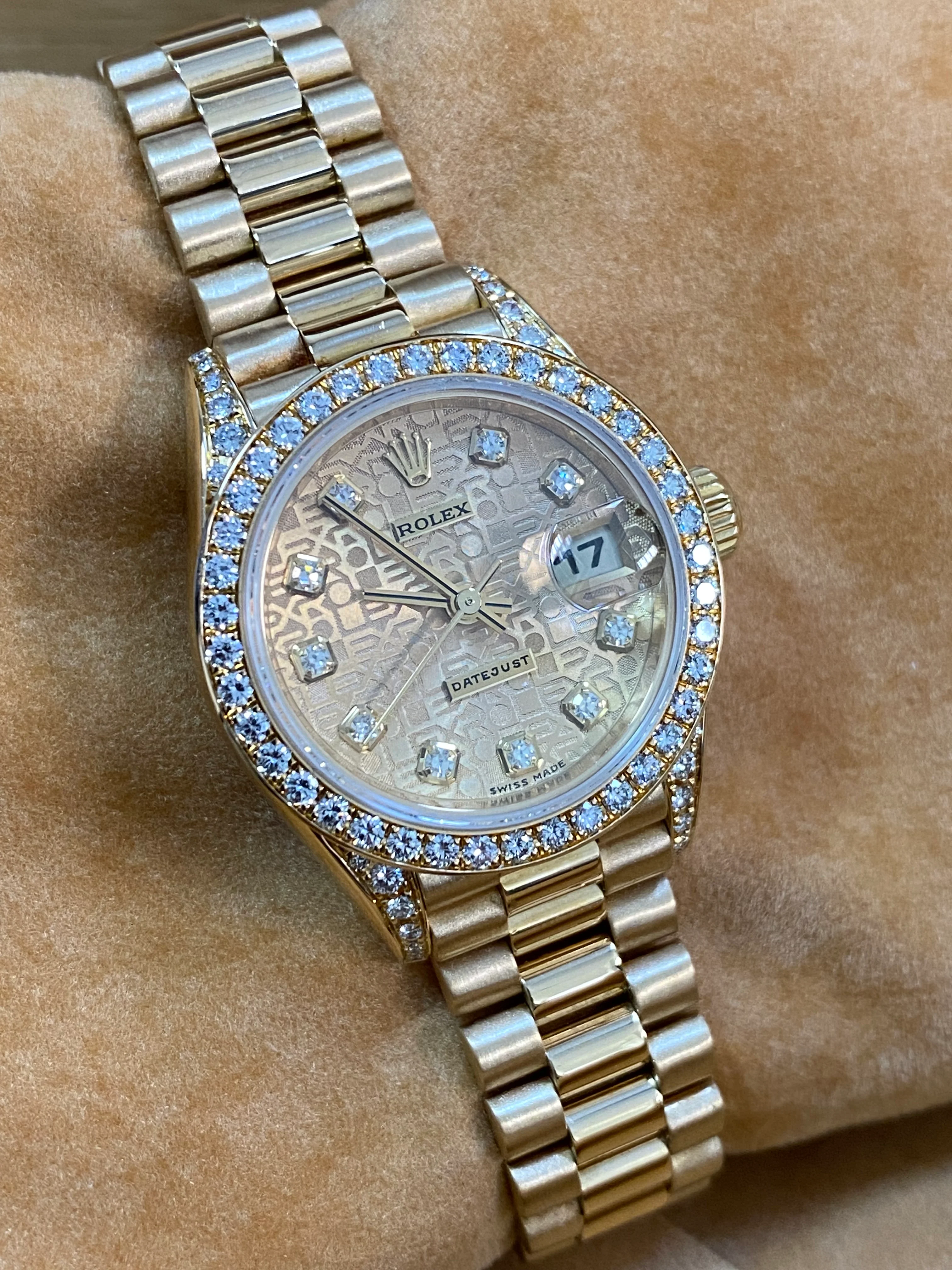 Rolex Yellow Gold Lady-Datejust - 1995 - Factory Diamond Dial, Bezel and Lugs - President Bracelet - 69158 