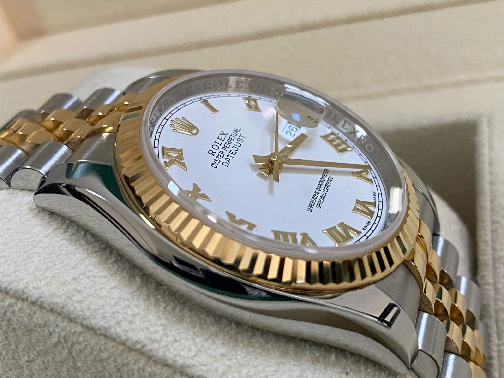 Rolex Steel and Yellow Gold Datejust 36 - 2017 - Fluted Bezel - White Roman Dial - Jubilee Bracelet - 116233 *UNPOLISHED*
