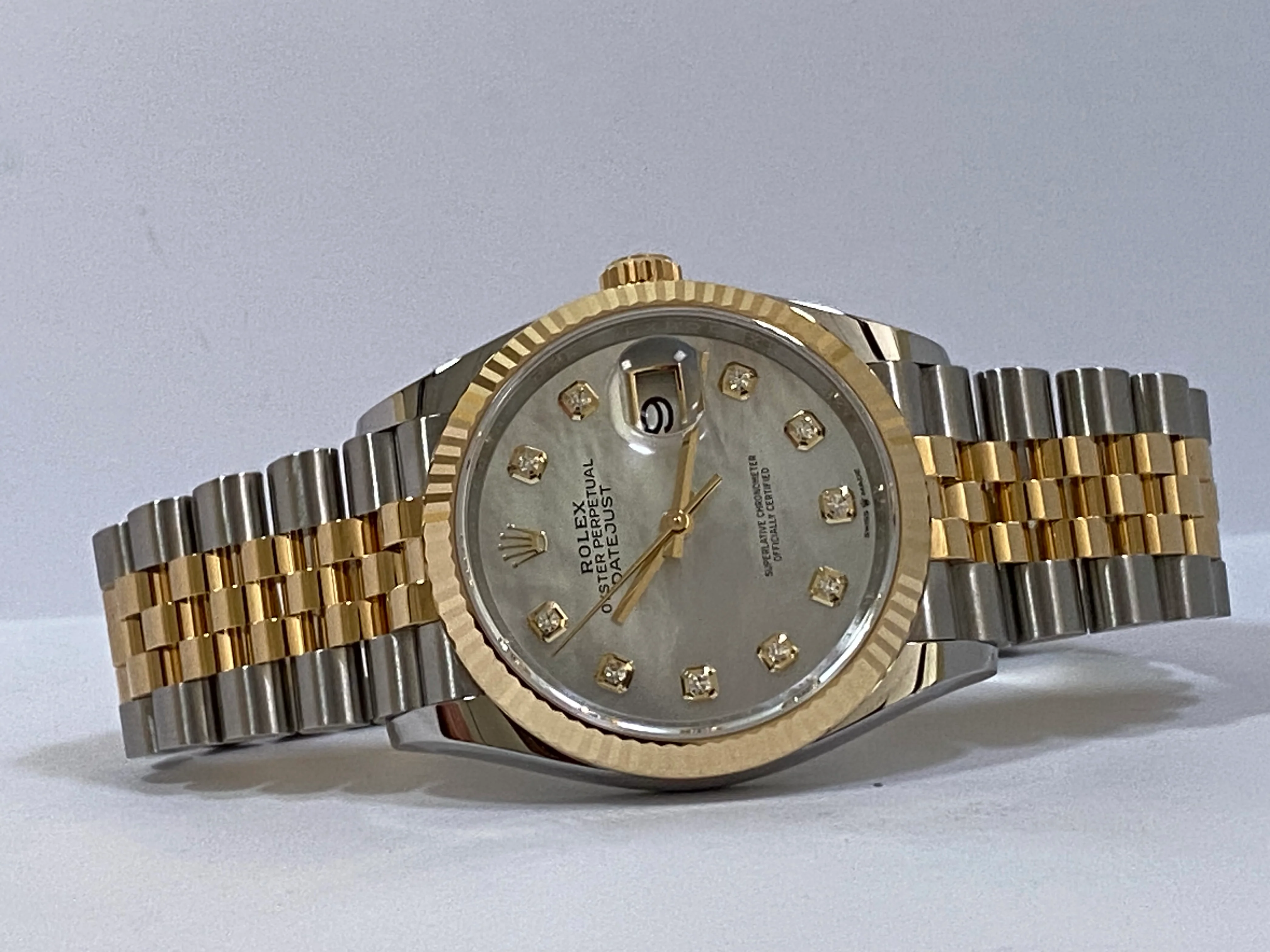 Rolex Steel and Yellow Gold Datejust 36 - 2023 - Fluted Bezel - White Mother-Of-Pearl Diamond-Set Dial - Jubilee Bracelet - 126233