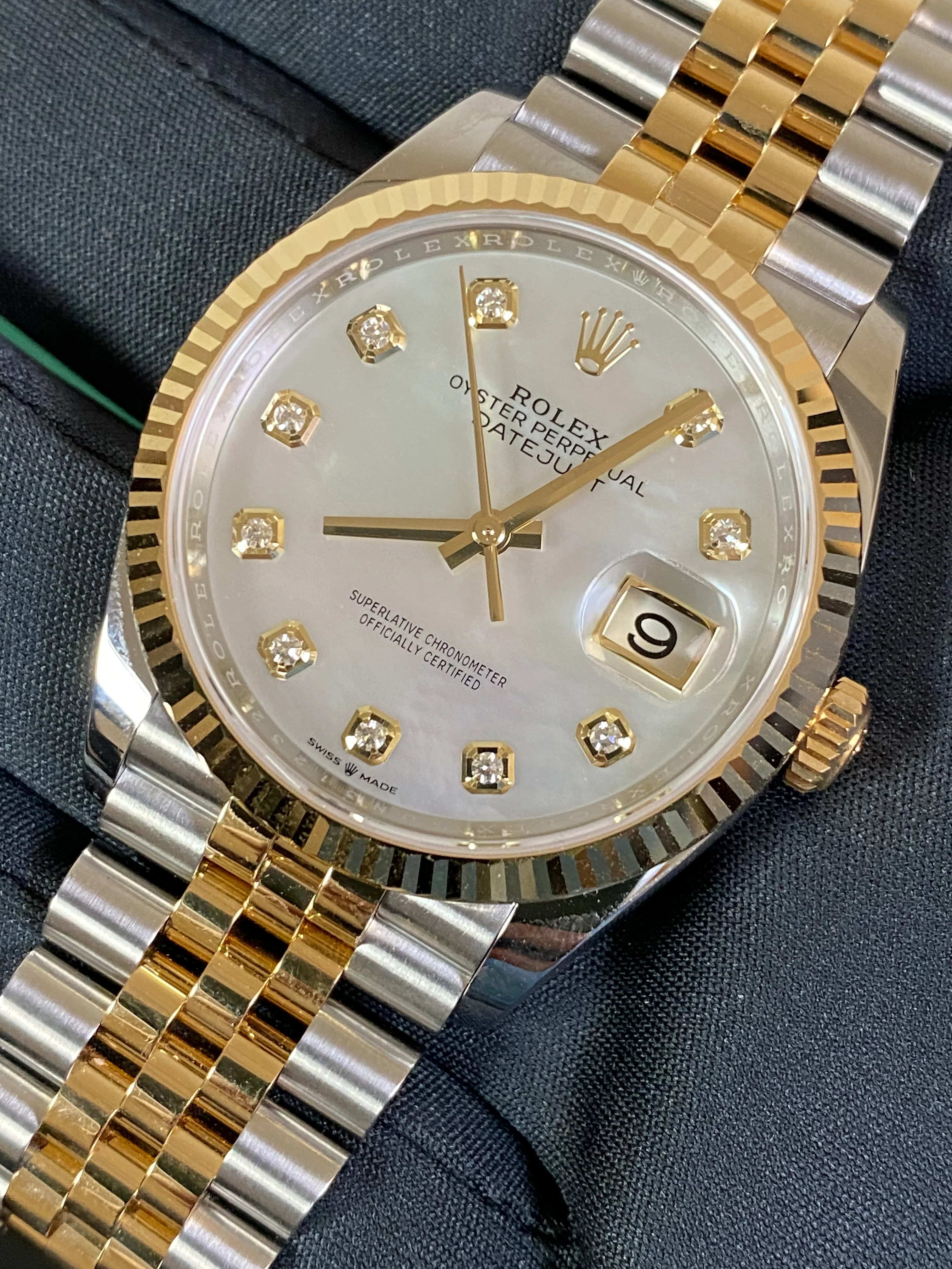 Rolex Steel and Yellow Gold Datejust 36 - 2023 - Fluted Bezel - White Mother-Of-Pearl Diamond-Set Dial - Jubilee Bracelet - 126233