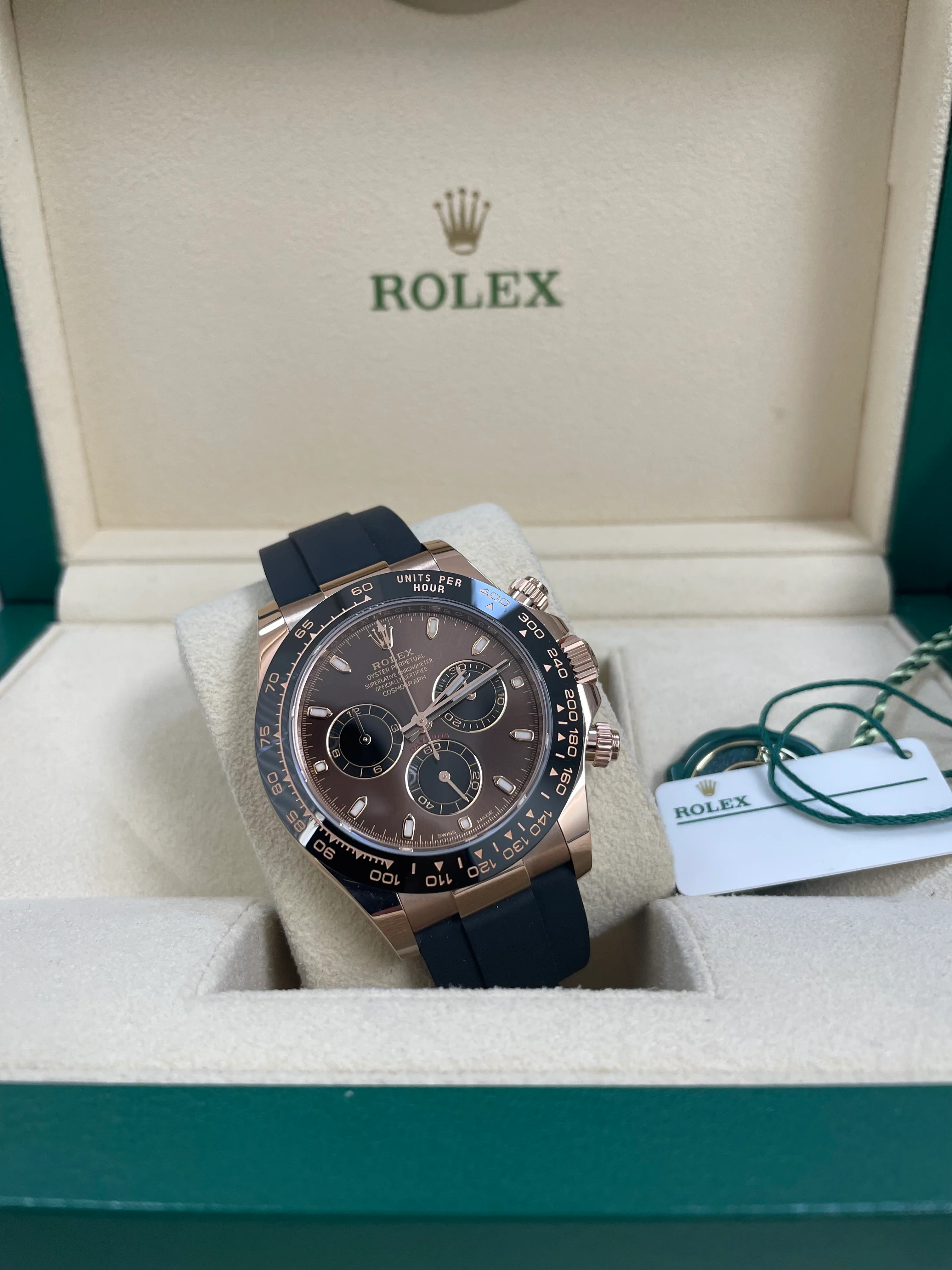 Rolex Everose Gold Cosmograph Daytona - 2023 - Chocolate Index Dial - Black Oysterflex Strap - 116515LN