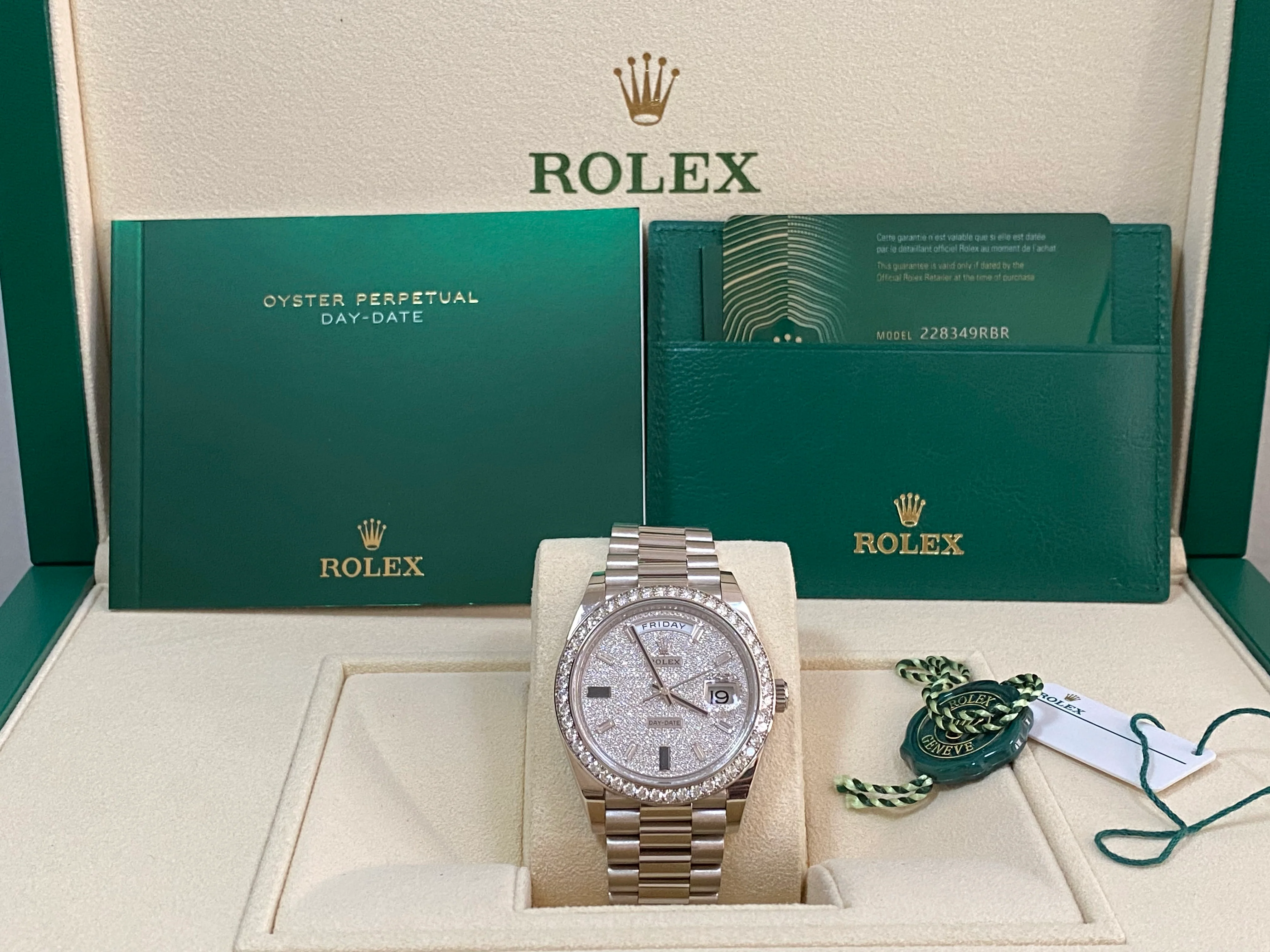 Rolex White Gold Day-Date 40 - 2023 - Diamond Bezel - Paved Diamond Baguette Dial - President Bracelet - 228349RBR *COMPLETE SET*
