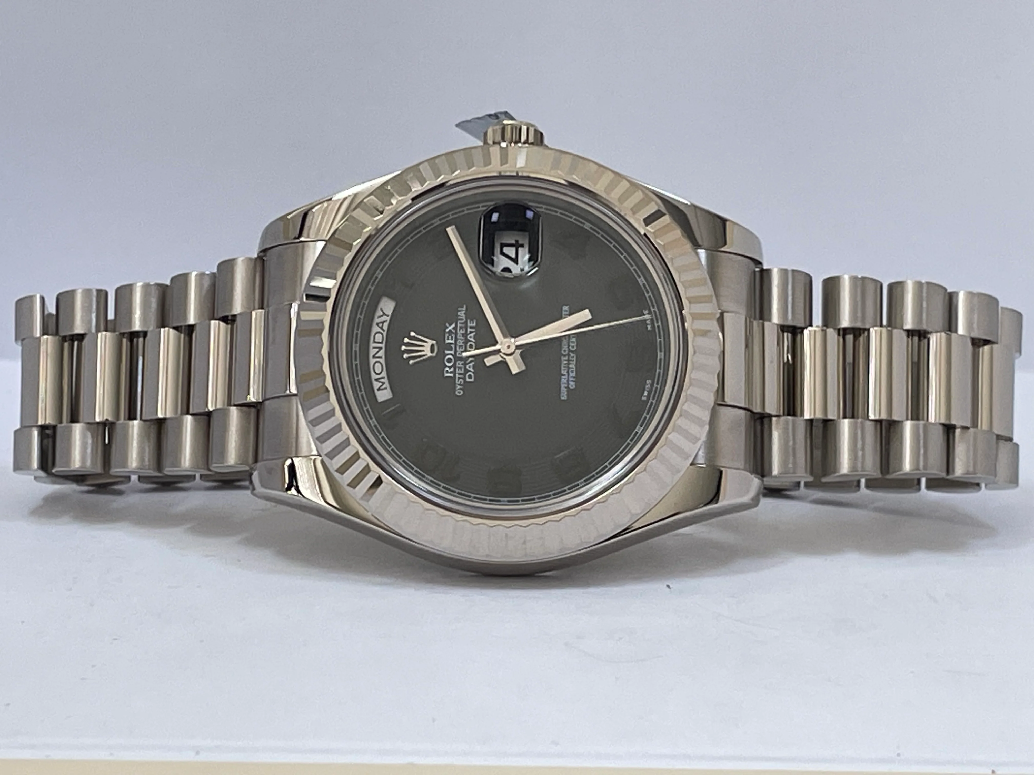 Rolex White Gold Day-Date II - 2017 - Fluted Bezel - Black Concentric Dial - President Bracelet - 218239
