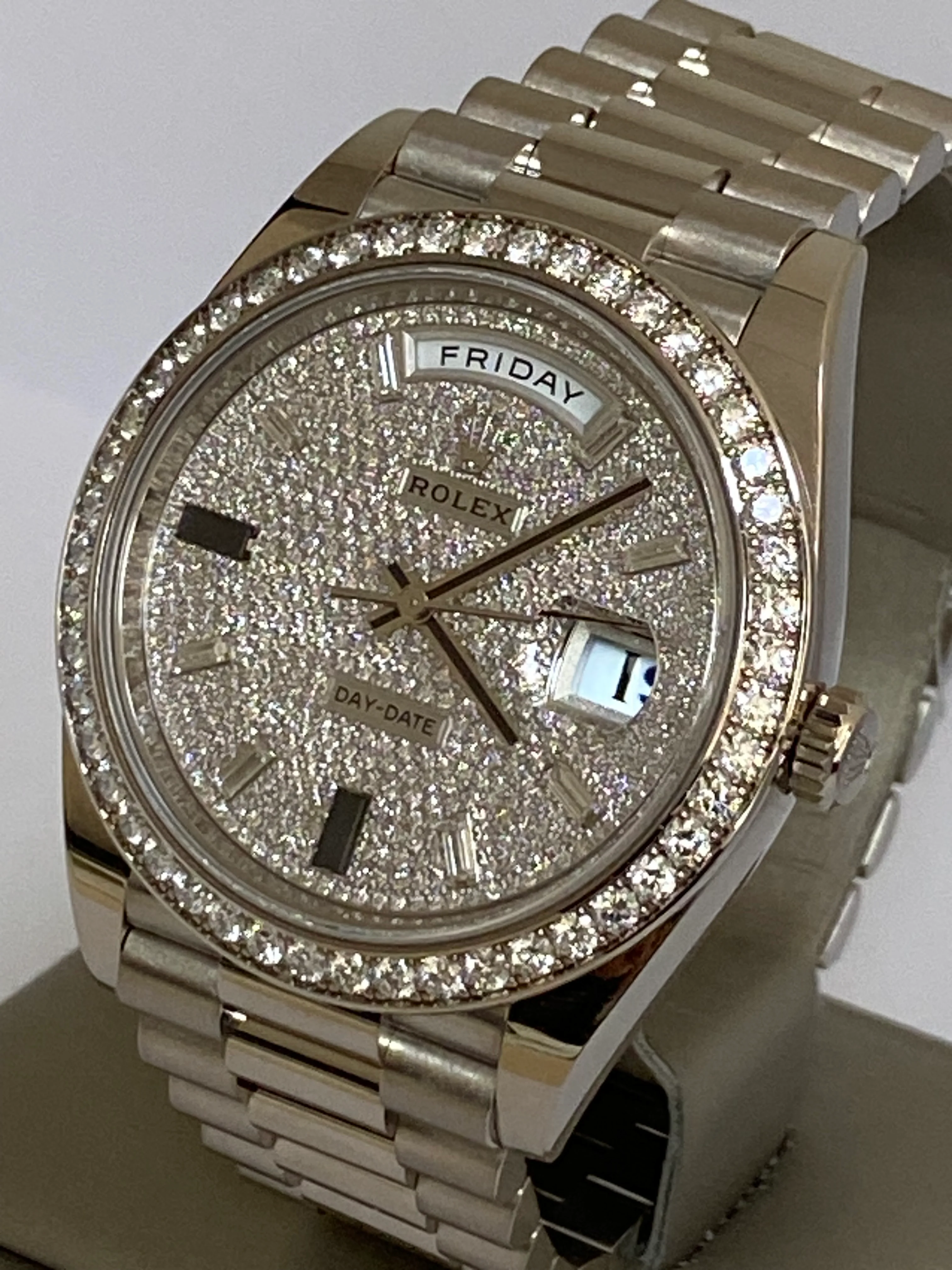 Rolex White Gold Day-Date 40 - 2023 - Diamond Bezel - Paved Diamond Baguette Dial - President Bracelet - 228349RBR *COMPLETE SET*