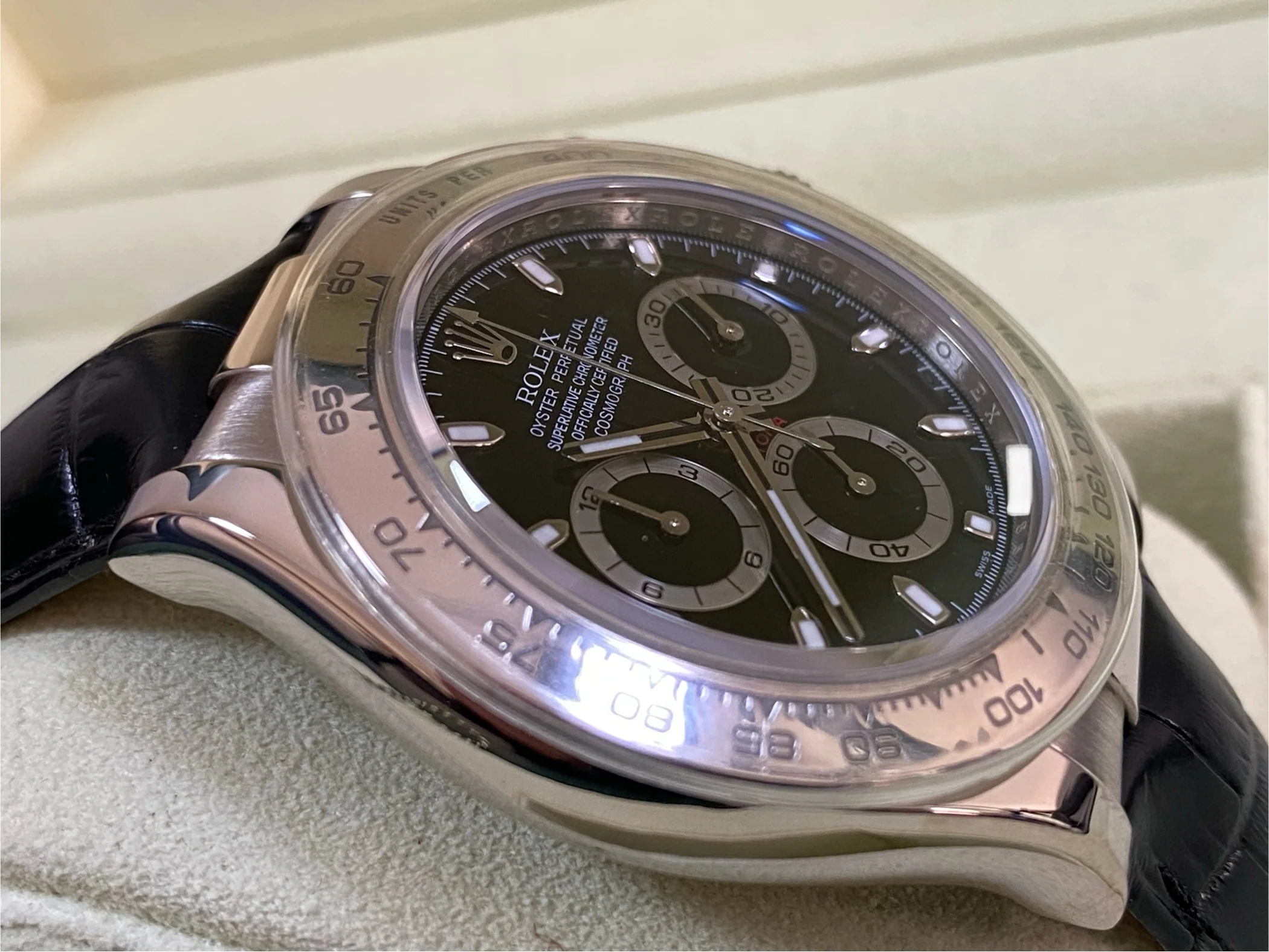 Rolex White Gold Cosmograph Daytona - 2007 - Black Dial - New Black Leather Strap - 116519 FULL SET