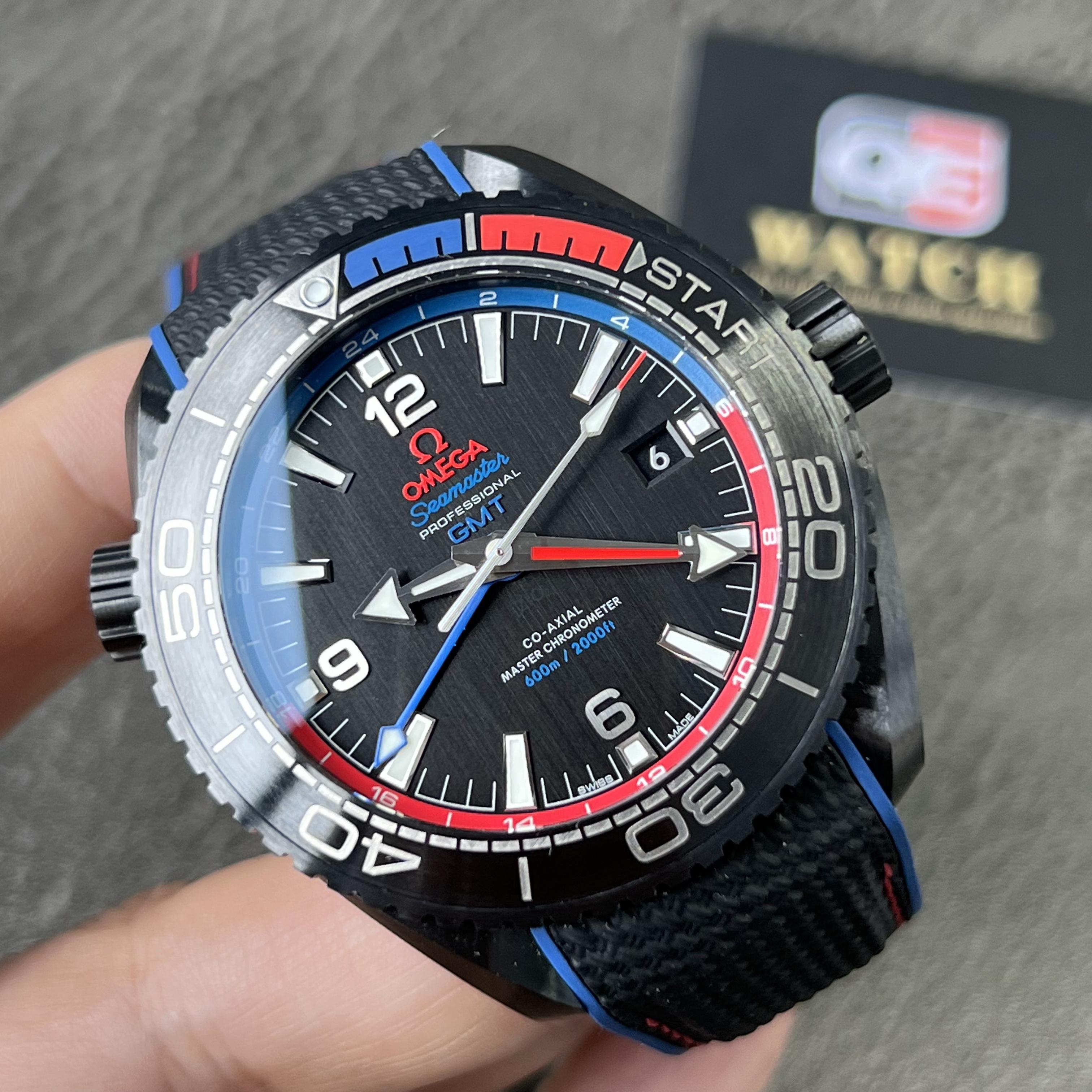 Omega Seamaster Planet Ocean 600M Deep Black Ceramic GMT Watch on Black Nylon Strap Super Clone
