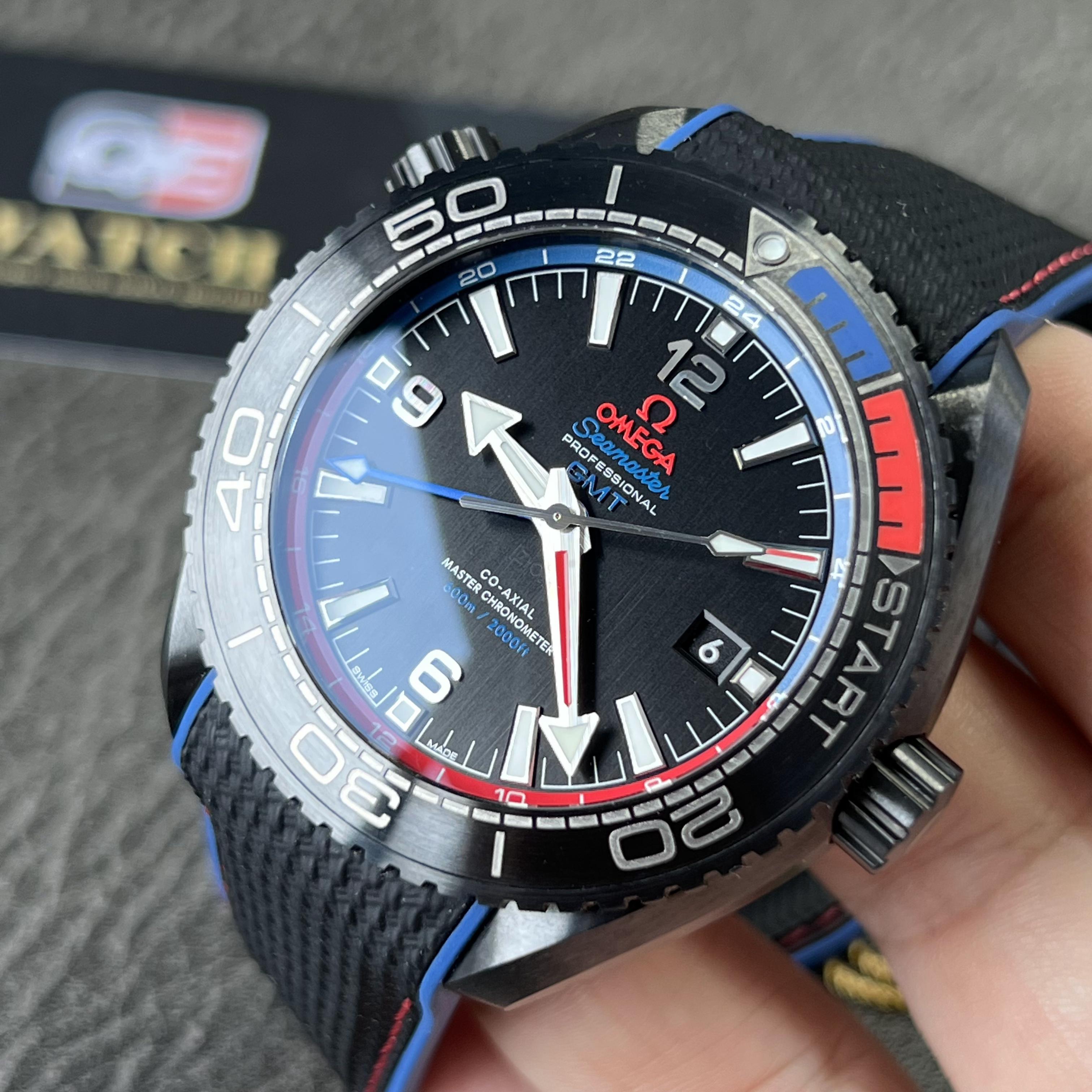 Omega Seamaster Planet Ocean 600M Deep Black Ceramic GMT Watch on Black Nylon Strap Super Clone