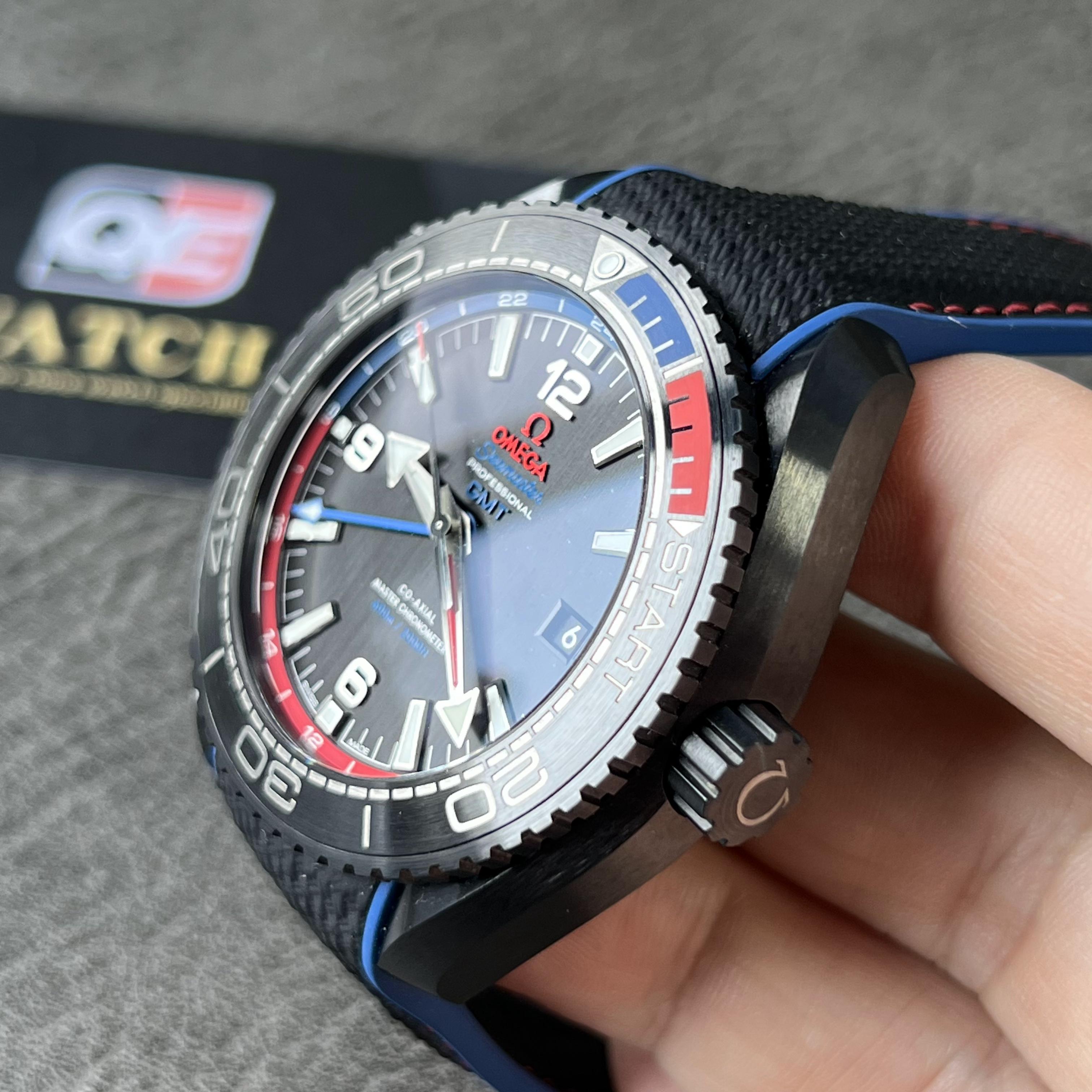 Omega Seamaster Planet Ocean 600M Deep Black Ceramic GMT Watch on Black Nylon Strap Super Clone