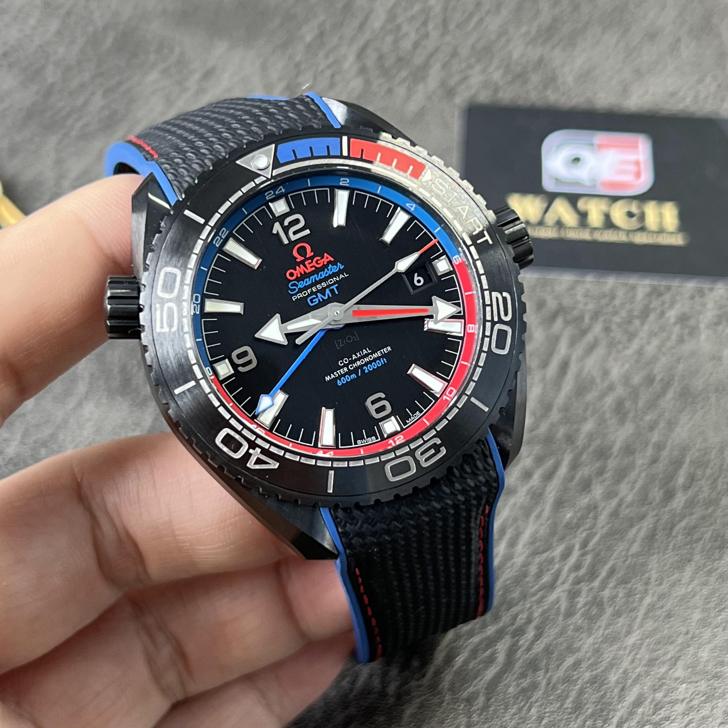Omega Seamaster Planet Ocean 600M Deep Black Ceramic GMT Watch on Black Nylon Strap Super Clone