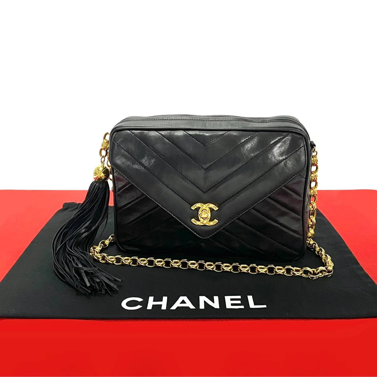 Chanel Lambskin Fringe Chain Shoulder Bag Black