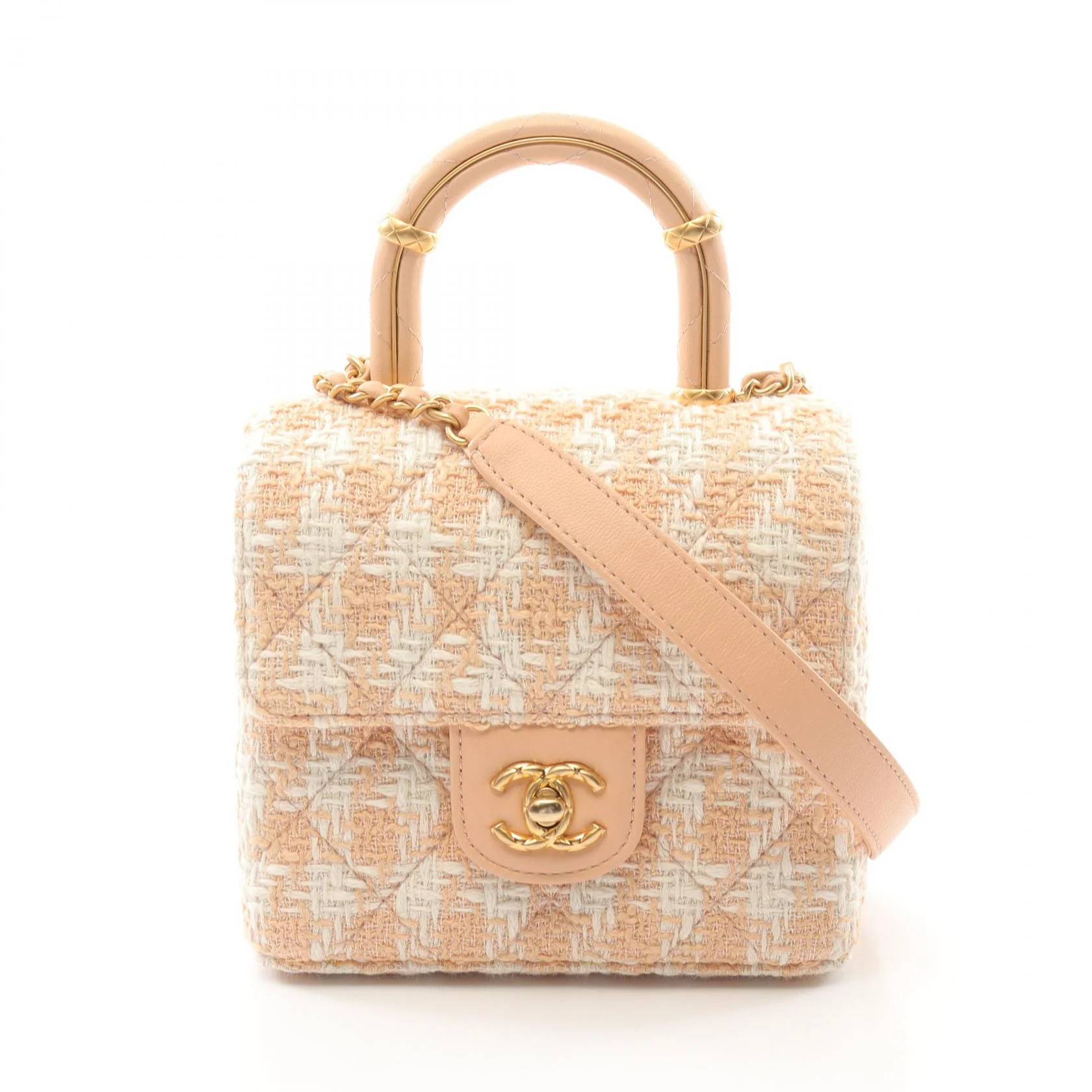 Chanel Matelasse Top Handle Shoulder Bag Fabric Leather