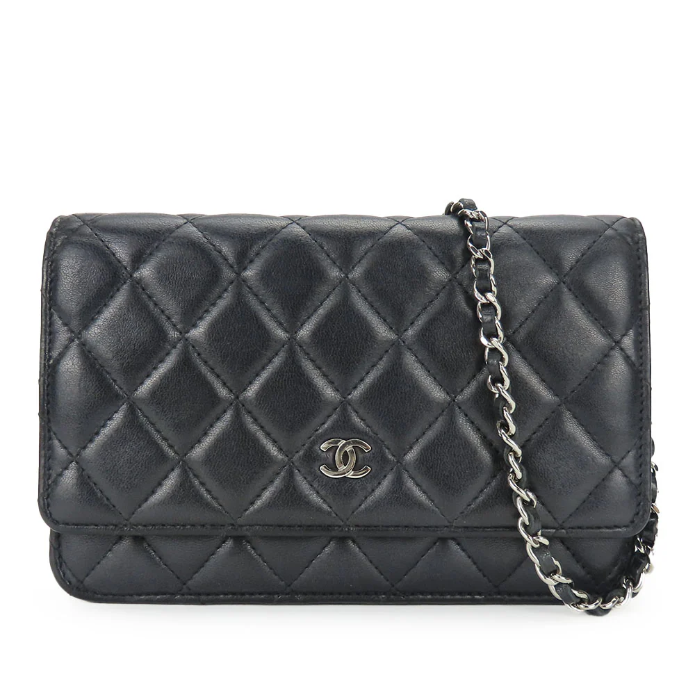 Chanel Lambskin Chain Wallet Shoulder Bag Black
