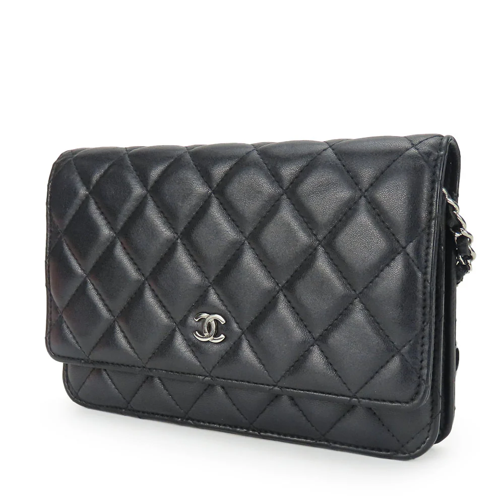 Chanel Lambskin Chain Wallet Shoulder Bag Black