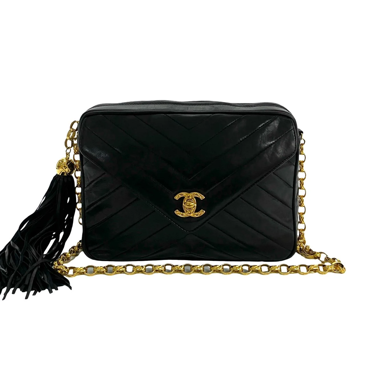 Chanel Lambskin Fringe Chain Shoulder Bag Black