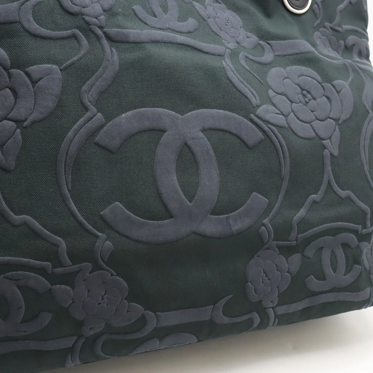Chanel Camellia Canvas Leather Tote Bag