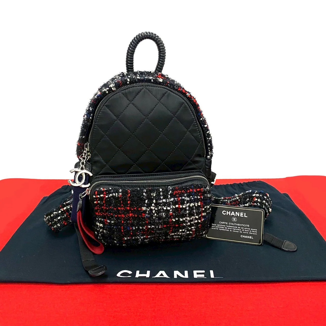 Chanel Tweed Nylon Backpack Black Red