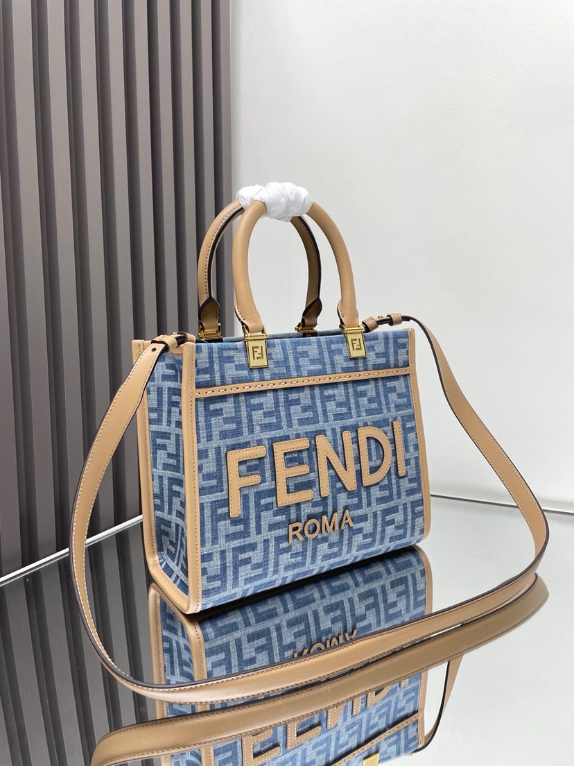Fendi Sunshine Small Light blue FF denim fabric shopper