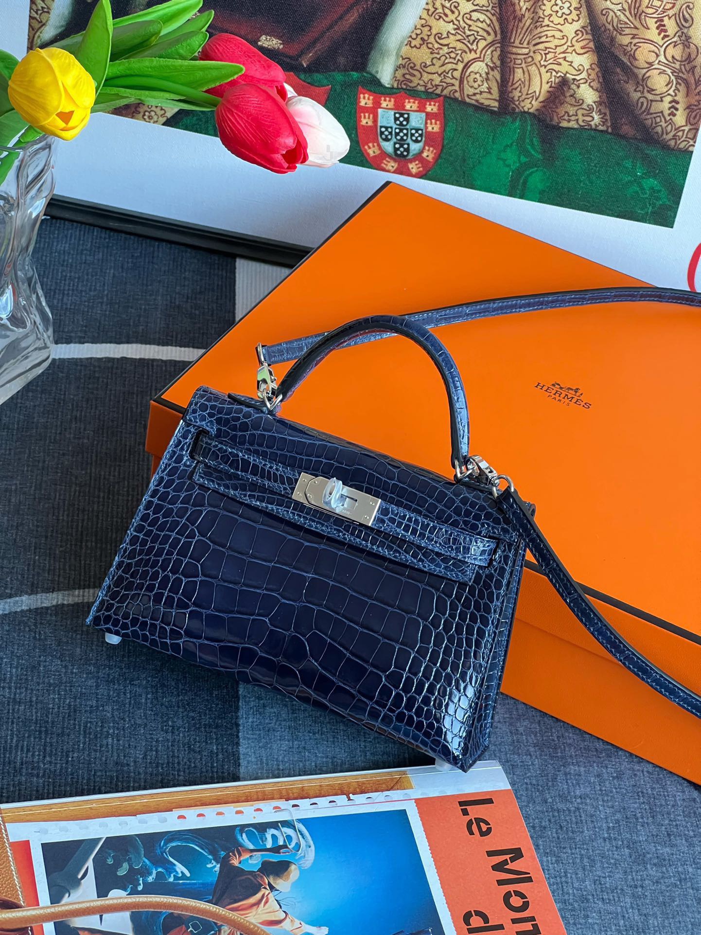 Hermes Kelly1 Mini 19 American alligator skin crocodile skin