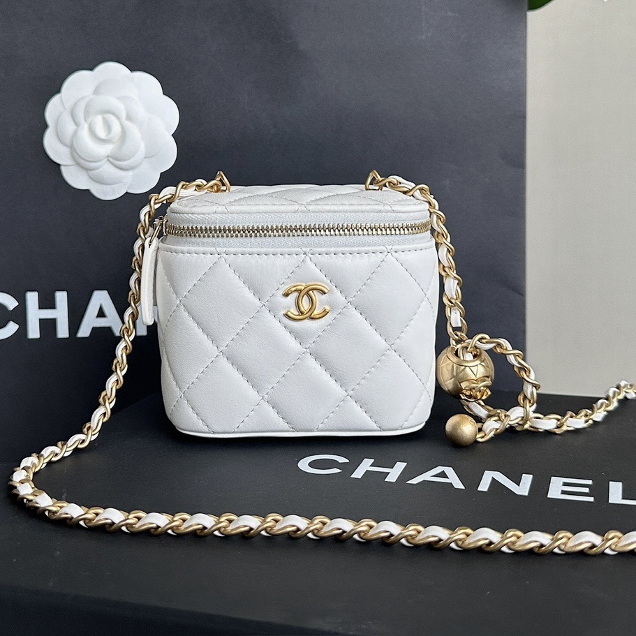 Chanel white small box bag with adjustable chain and small gold balls SIZE:11*8.5*7cm
