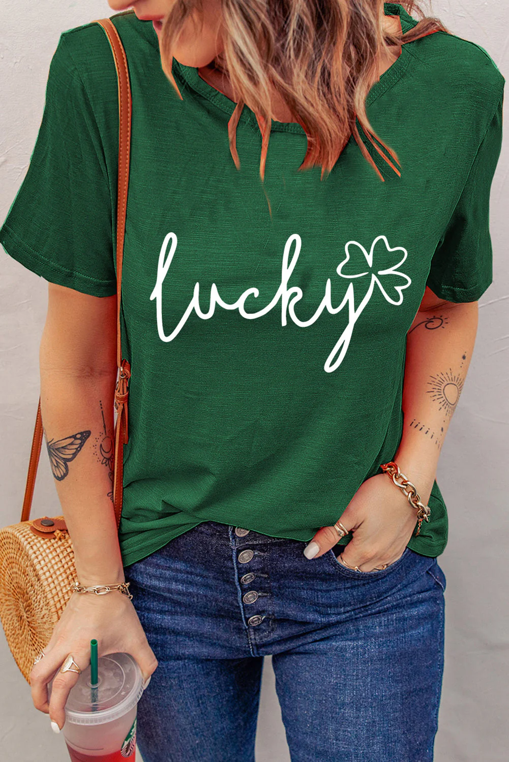 Green Lucky Print T-shirt。