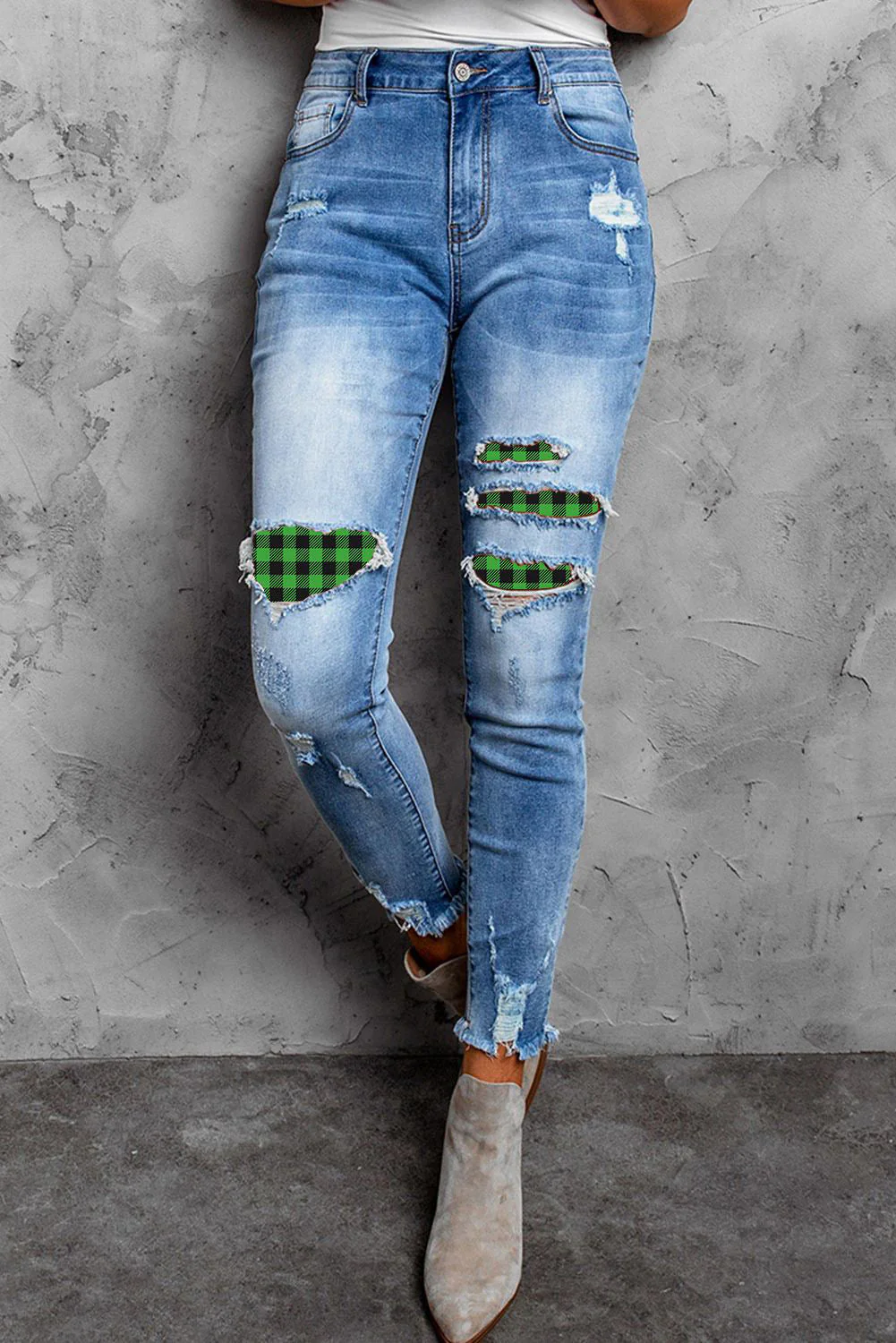 Blue Green Plaid Casual Jeans。
