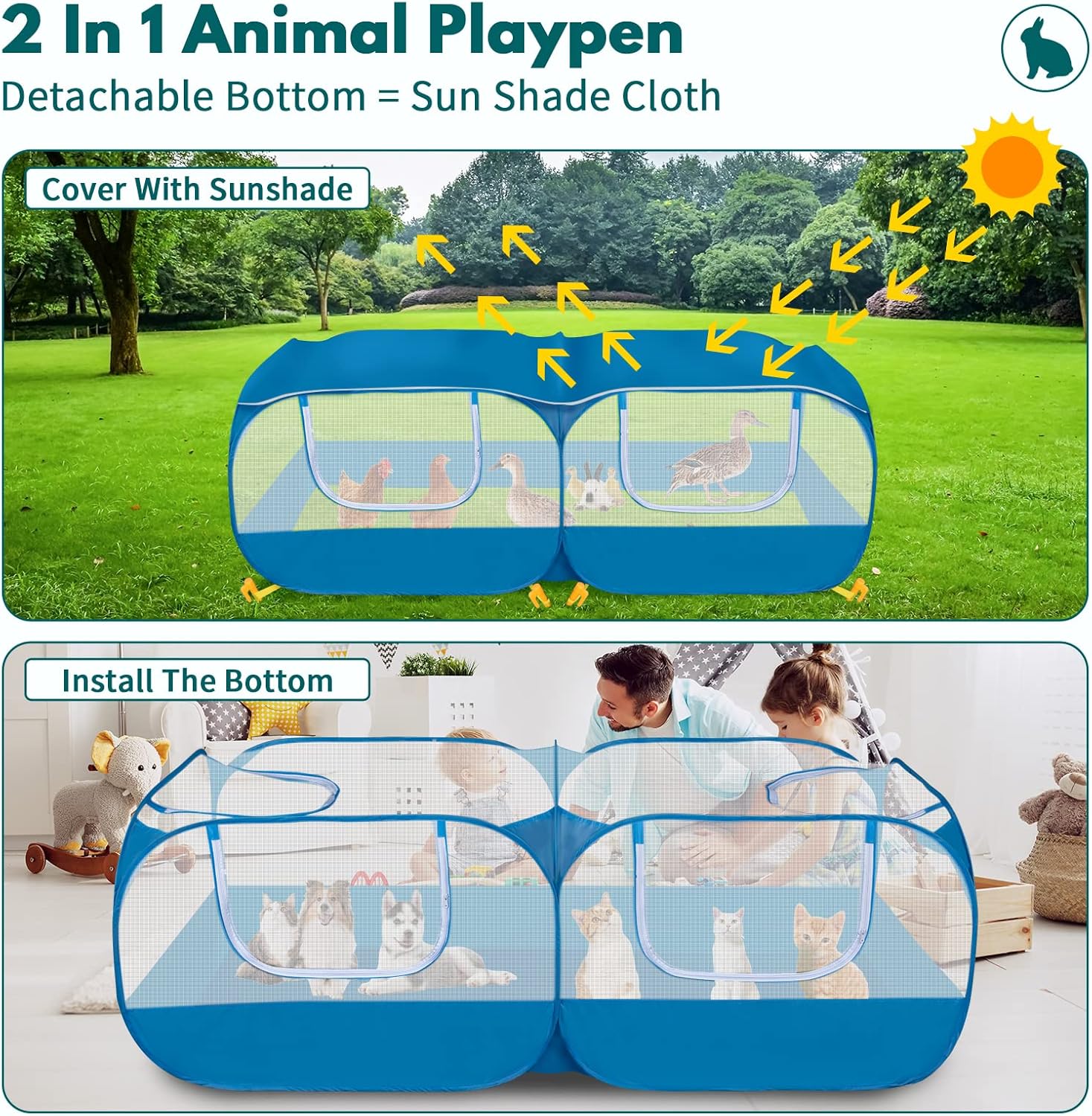 Small Animals Playpen,Pet Cage Tent Large Chicken Run Coop with Detachable Bottom Breathable Transparent Mesh Walls, Foldable Pet Enclosure for Puppy Kitten Rabbits Indoor Outdoor playpen