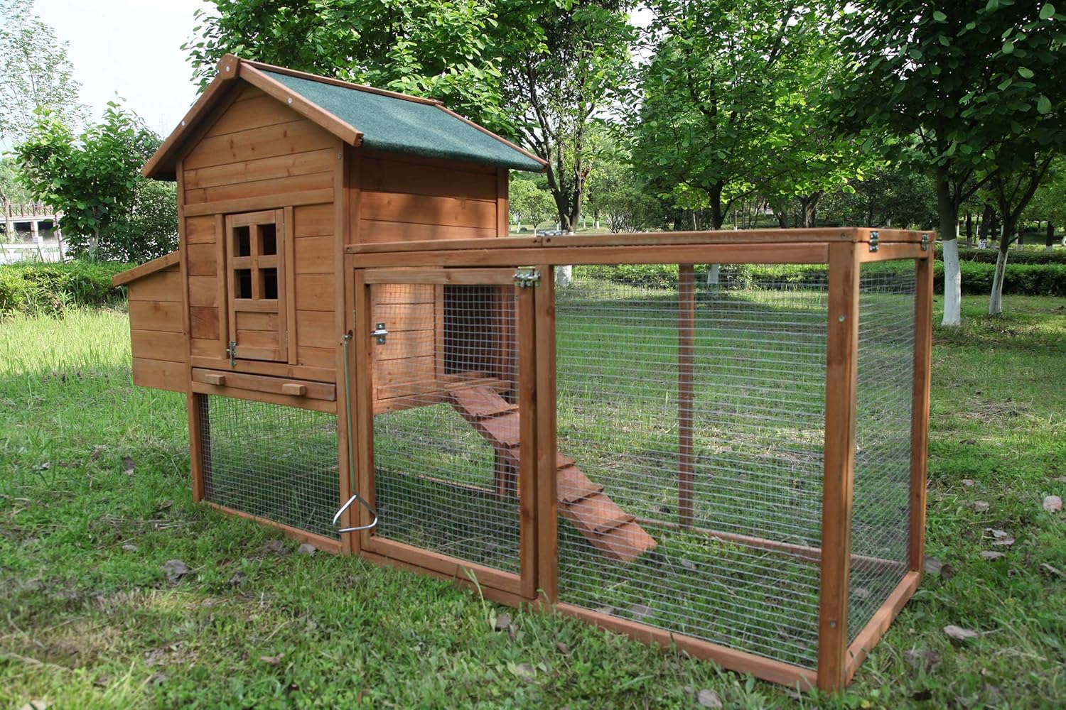 Outdoor Chicken Coop for 2-4 Chickens Wooden Hen House Poultry Pet Hutch Run Cage w/Waterproof Asphalt Roof, Ramp, Nesting Box, Wire Fence (80