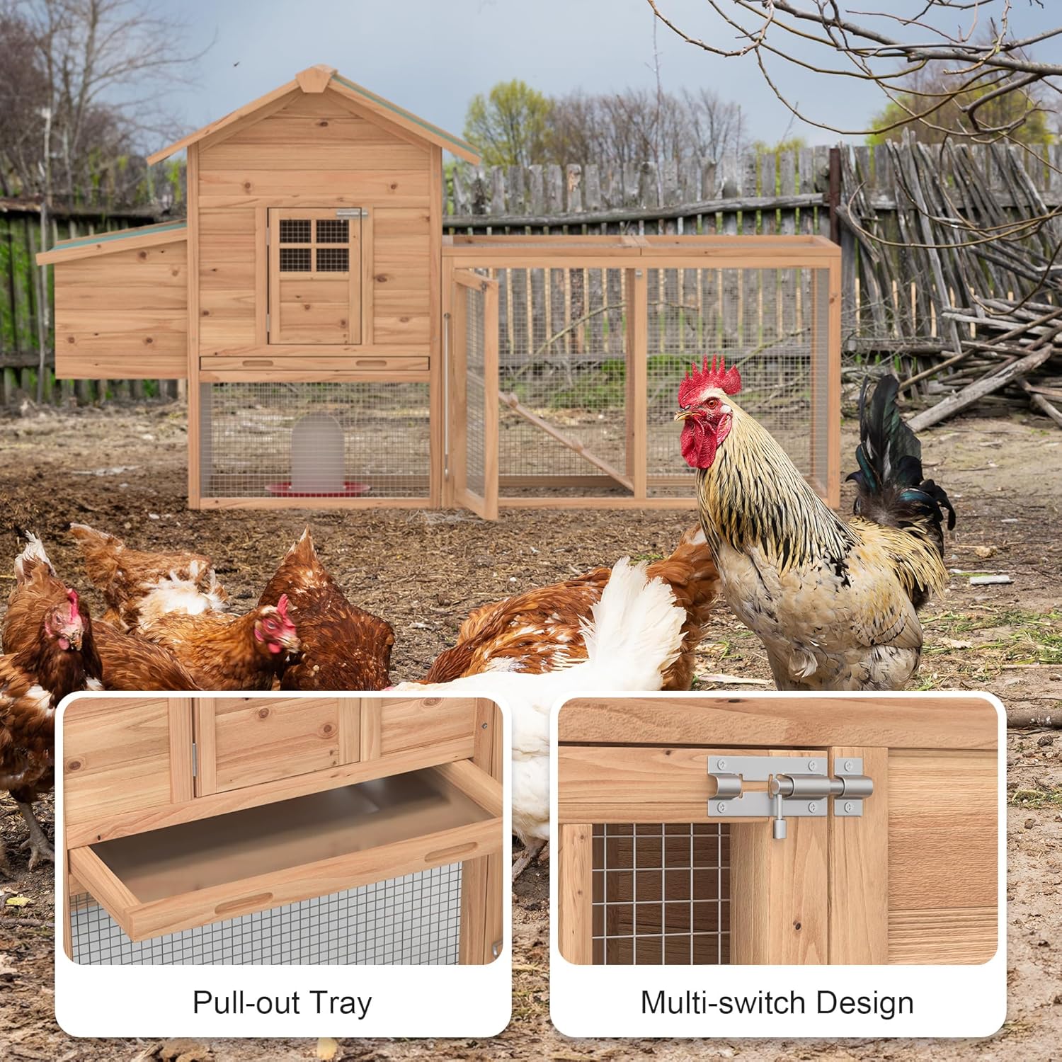 Outdoor Chicken Coop for 2-4 Chickens Wooden Hen House Poultry Pet Hutch Run Cage w/Waterproof Asphalt Roof, Ramp, Nesting Box, Wire Fence (80
