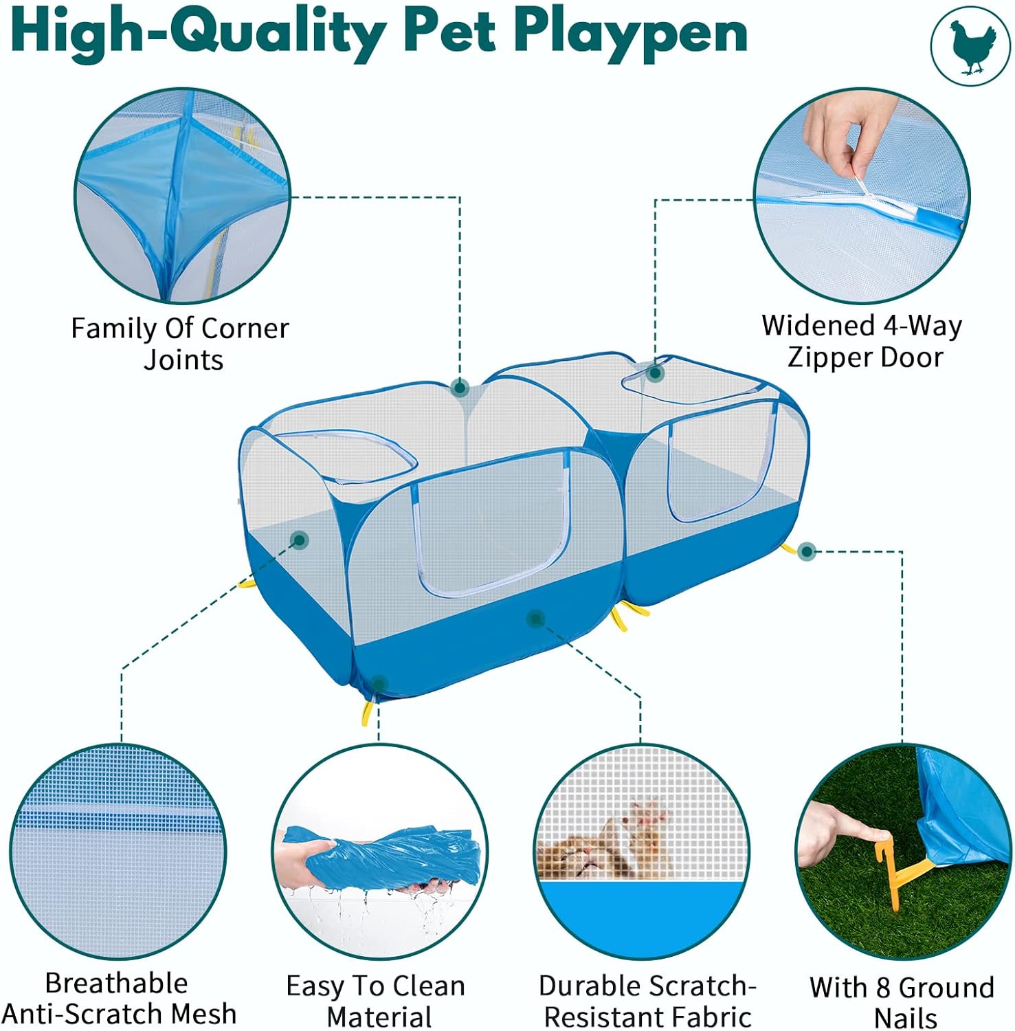 Small Animals Playpen,Pet Cage Tent Large Chicken Run Coop with Detachable Bottom Breathable Transparent Mesh Walls, Foldable Pet Enclosure for Puppy Kitten Rabbits Indoor Outdoor playpen