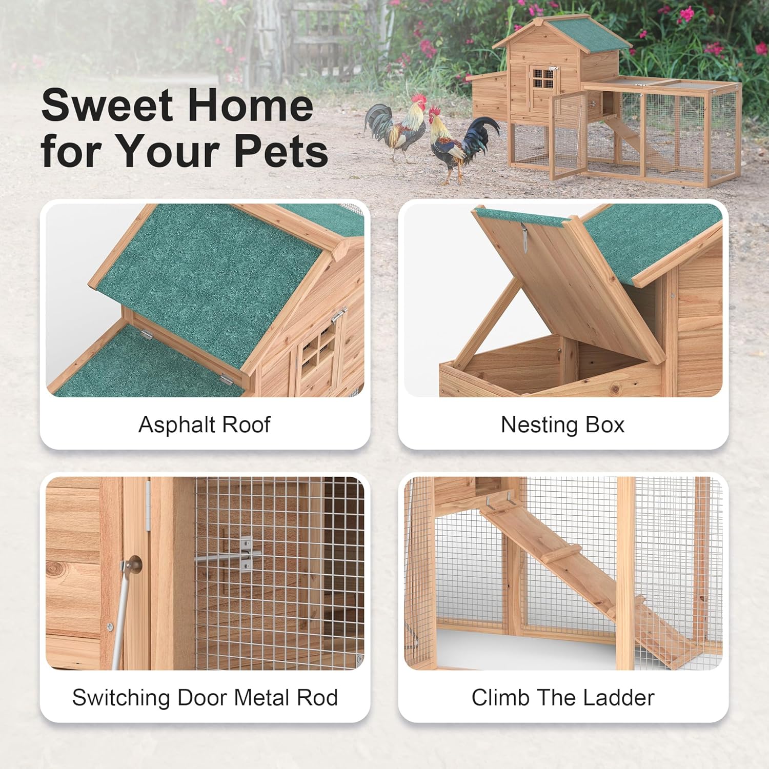 Outdoor Chicken Coop for 2-4 Chickens Wooden Hen House Poultry Pet Hutch Run Cage w/Waterproof Asphalt Roof, Ramp, Nesting Box, Wire Fence (80