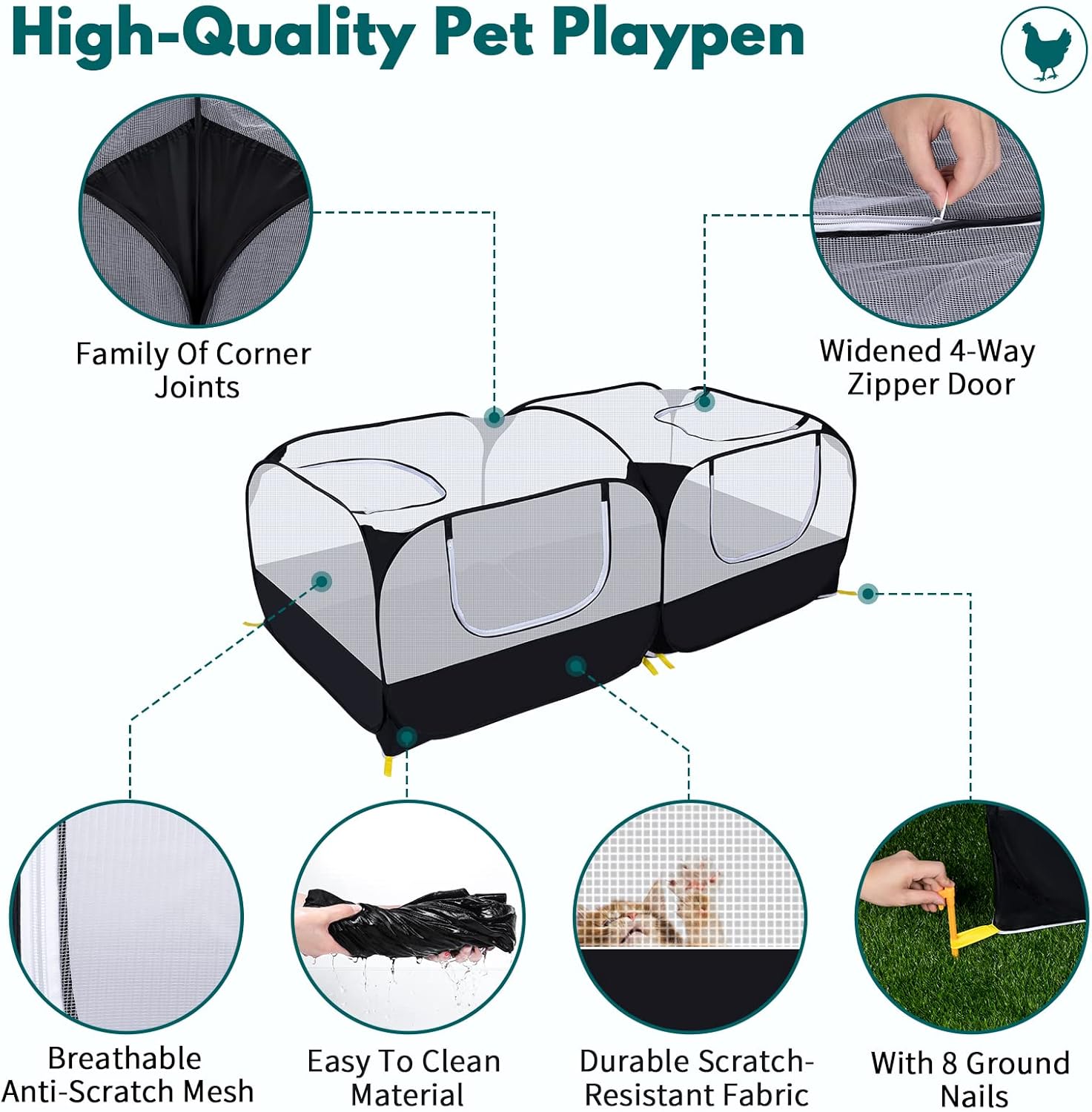 Small Animals Playpen,Pet Cage Tent Large Chicken Run Coop with Detachable Bottom Breathable Transparent Mesh Walls, Foldable Pet Enclosure for Puppy Kitten Rabbits Indoor Outdoor playpen
