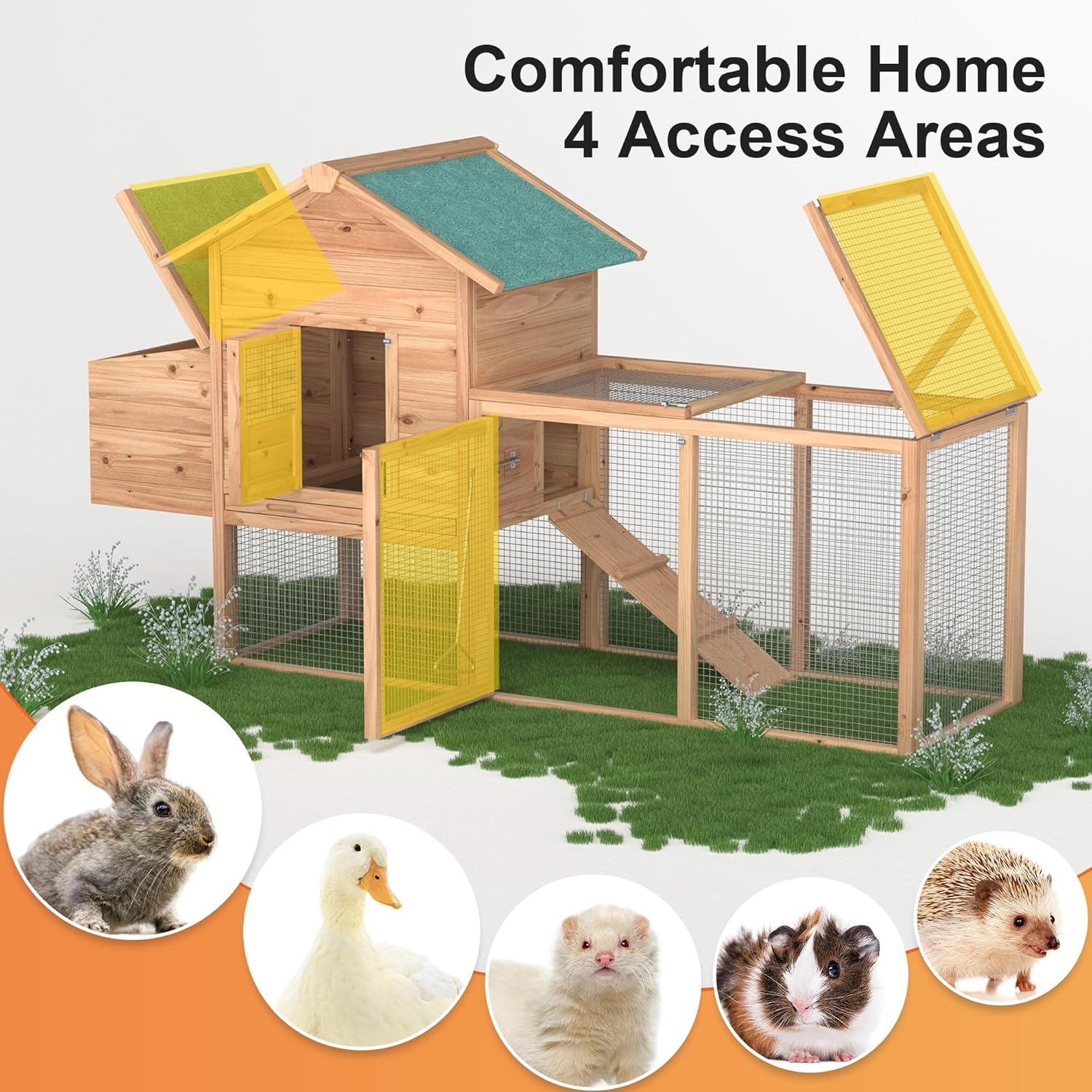 Outdoor Chicken Coop for 2-4 Chickens Wooden Hen House Poultry Pet Hutch Run Cage w/Waterproof Asphalt Roof, Ramp, Nesting Box, Wire Fence (80