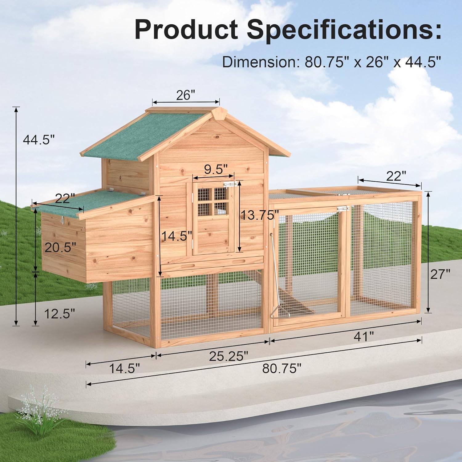 Outdoor Chicken Coop for 2-4 Chickens Wooden Hen House Poultry Pet Hutch Run Cage w/Waterproof Asphalt Roof, Ramp, Nesting Box, Wire Fence (80