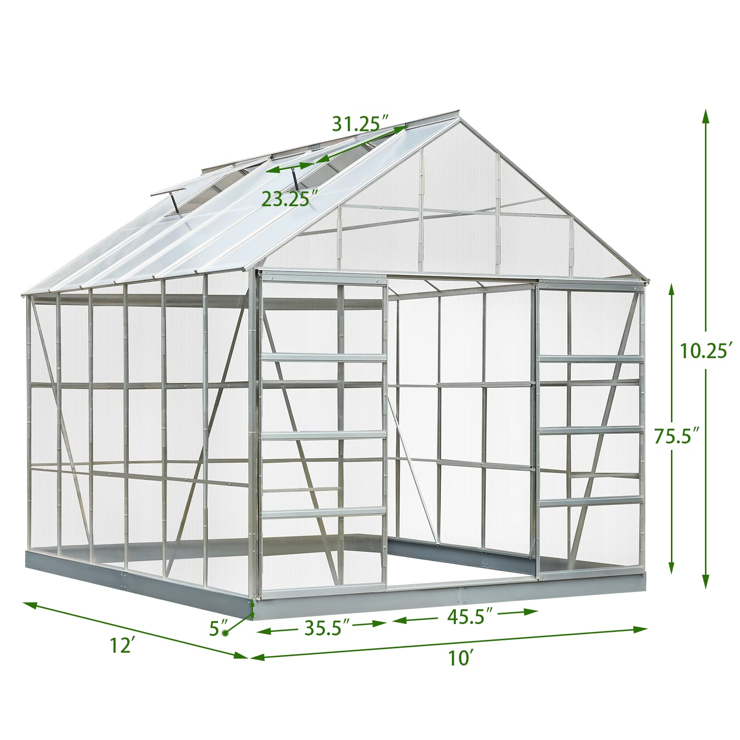 12'x10'x10.3' Outdoor Walk-in Hobby Greenhouse for Plants, Polycarbonate Aluminum Green House