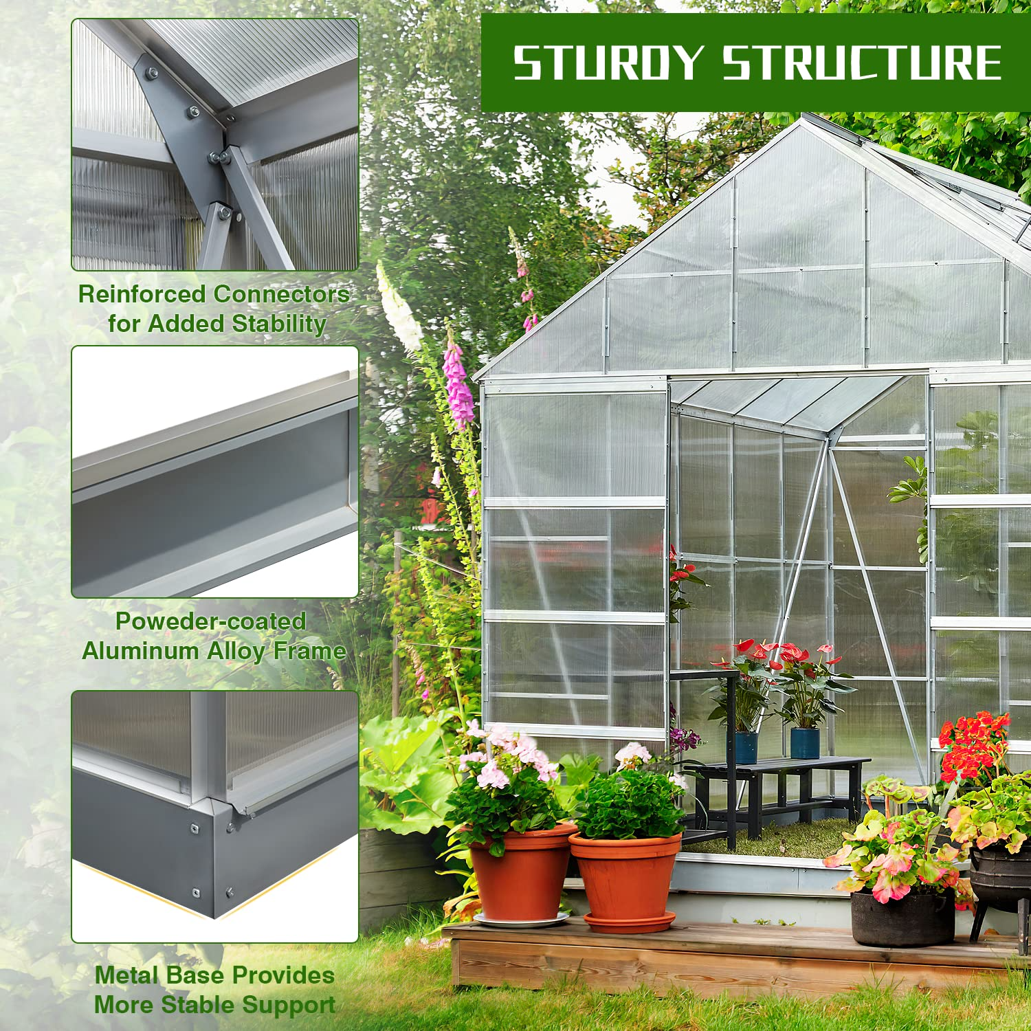 12'x10'x10.3' Outdoor Walk-in Hobby Greenhouse for Plants, Polycarbonate Aluminum Green House