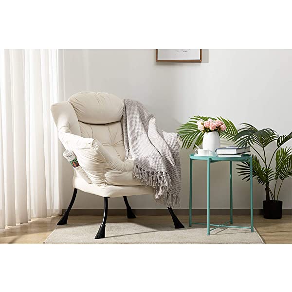 AbocoFur Modern Large Cotton Fabric Lazy Chair，Accent Contemporary Lounge Chair, Single Steel Frame Leisure Sofa Chair with Armrests and A Side Pocket, Beige