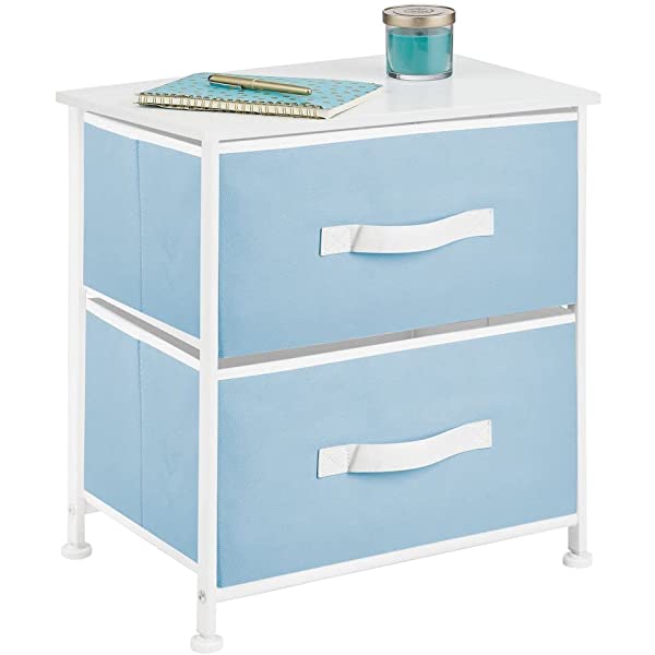 mDesign Storage Dresser End/Side Table Night Stand Furniture Unit - Small Standing Organizer for Bedroom, Office, Living Room, and Closet - 2 Drawer Removable Fabric Bins - Gray/White Grey