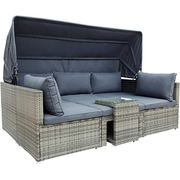 Lazyspace 5 Pieces Outdoor Sectional Patio Rattan Sofa Set Rattan Daybed, PE Wicker Conversation Furniture Set w/Canopy and Tempered Glass Side Table, Gray