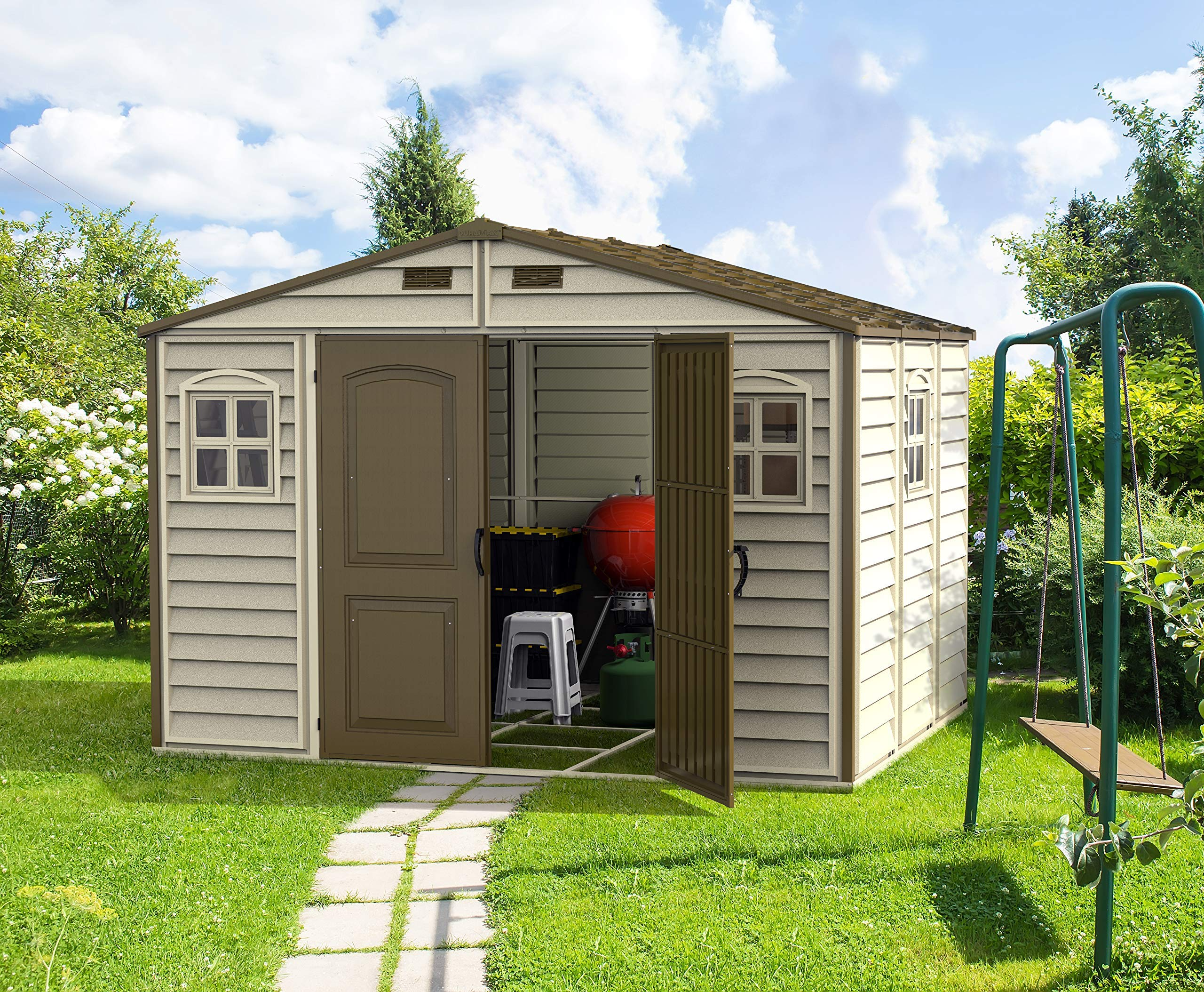 Duramax WoodSide 10 x 8 (8.02 m2) Plastic Garden Shed with 3 Fixed Windows & Metal Foundation Kit, Strong Metal Roof Structure Fire Retardant and Maintenance-Free Storage Shed